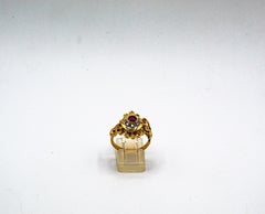 Art Nouveau Style White Old European Cut Diamond Ruby Yellow Gold Cocktail Ring