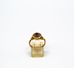Art Nouveau Style White Old European Cut Diamond Ruby Yellow Gold Cocktail Ring