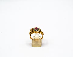 Art Nouveau Style White Old European Cut Diamond Ruby Yellow Gold Cocktail Ring