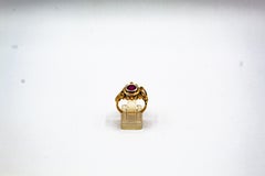 Art Nouveau Style White Old European Cut Diamond Ruby Yellow Gold Cocktail Ring