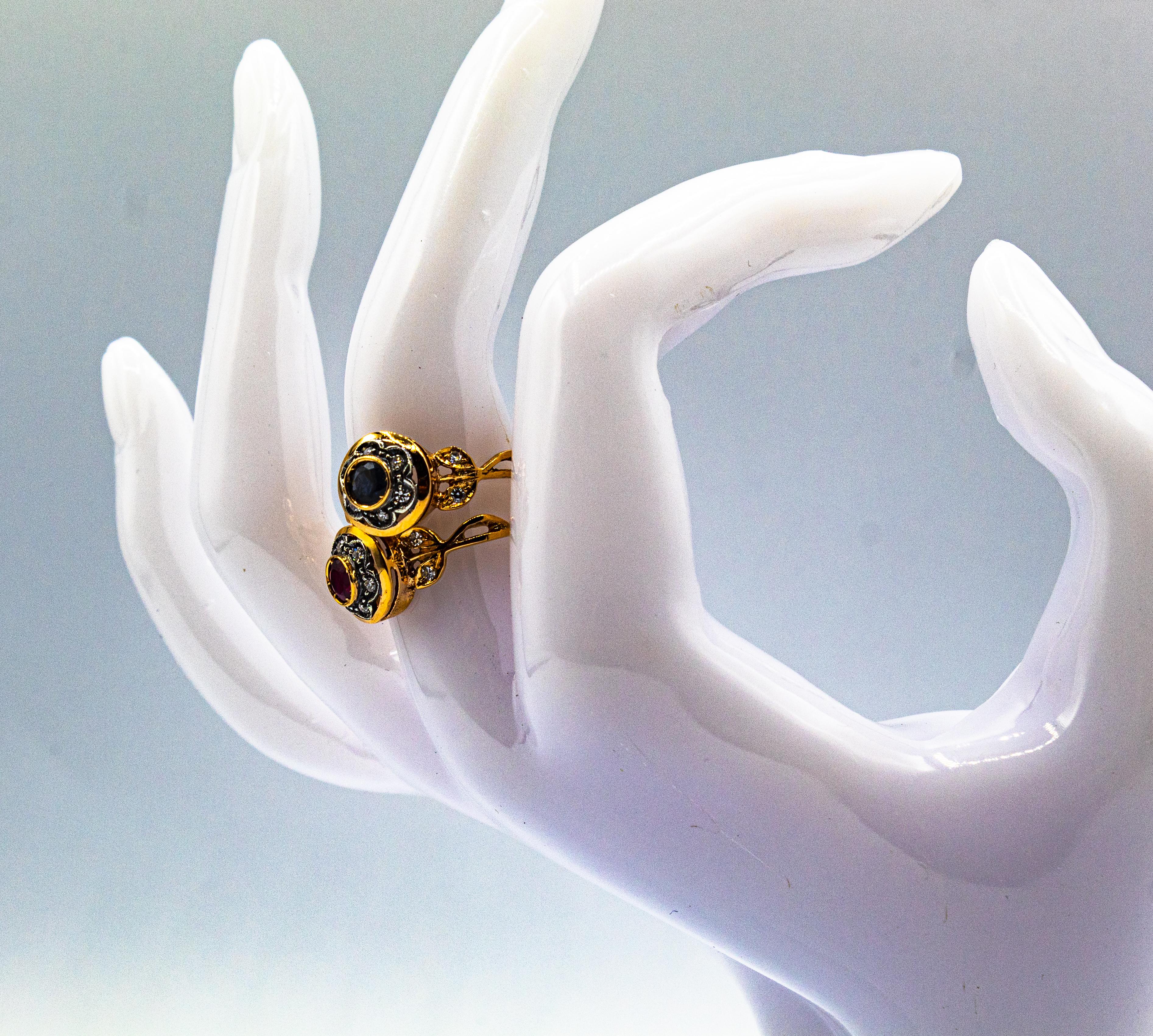 Anillo de cóctel de oro amarillo con diamante rubí de talla europea blanca de estilo Art Nouveau 14