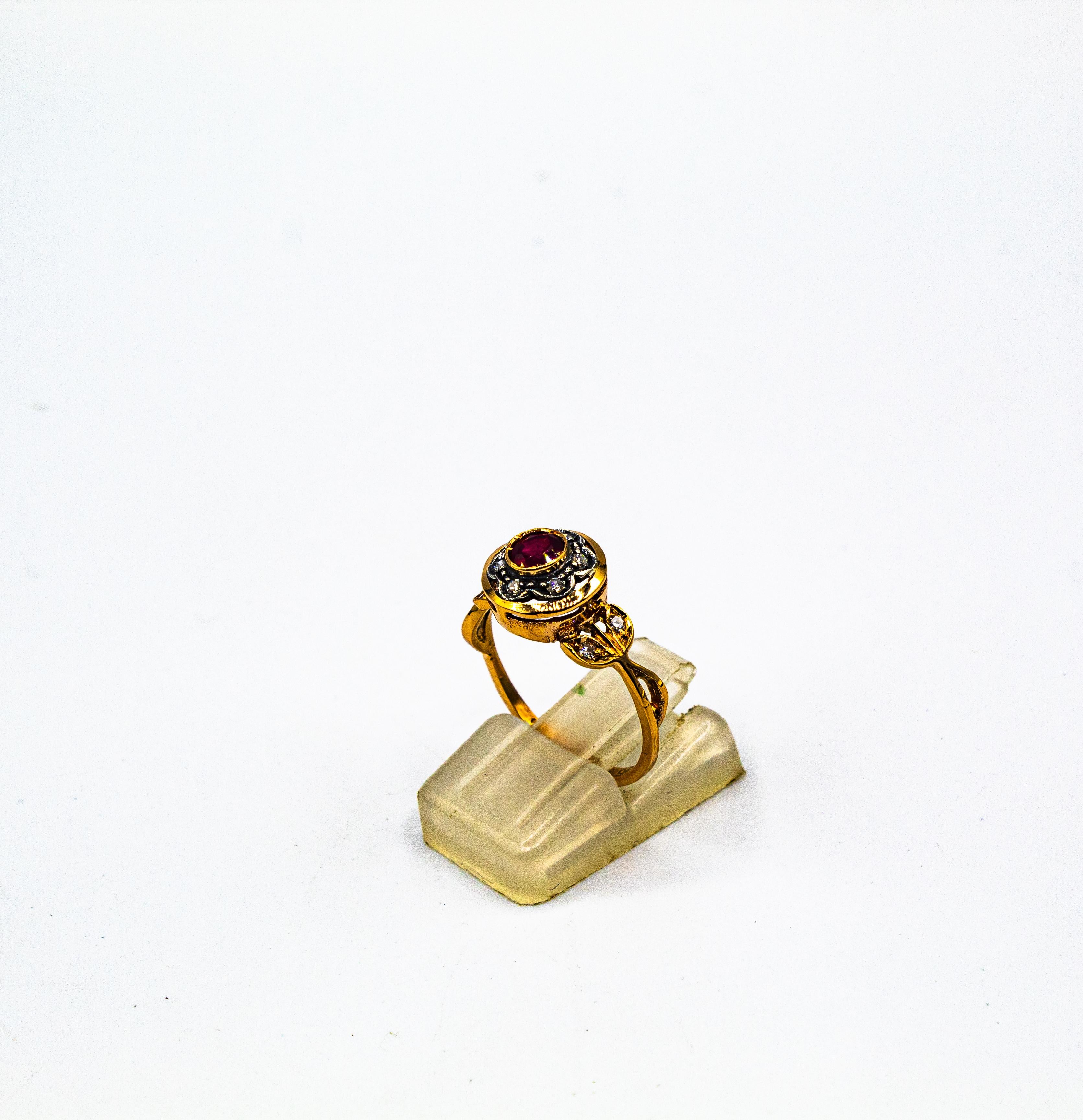 Anillo de cóctel de oro amarillo con diamante rubí de talla europea blanca de estilo Art Nouveau Art Decó