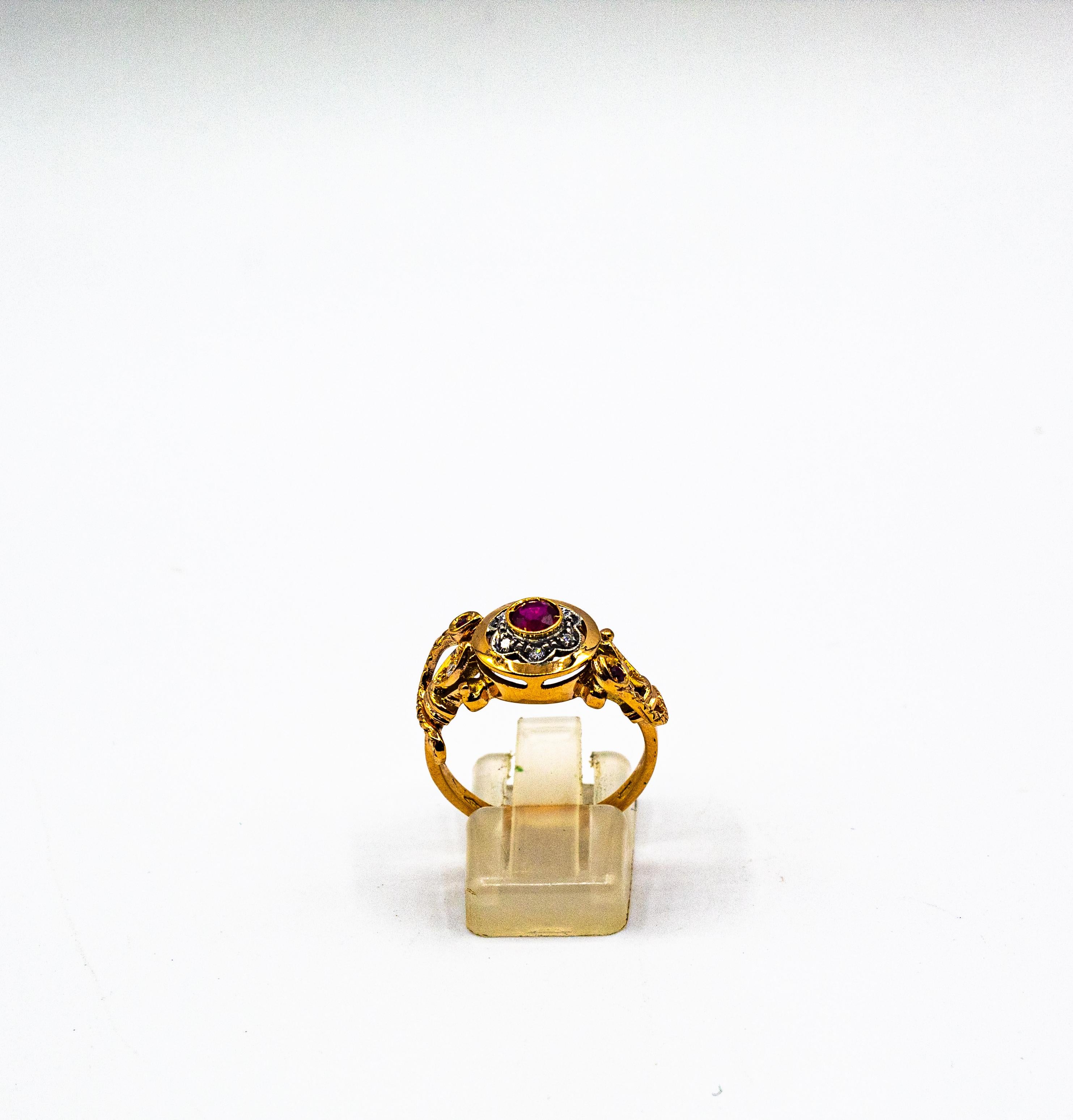 Art Deco Art Nouveau Style White Old European Cut Diamond Ruby Yellow Gold Cocktail Ring For Sale