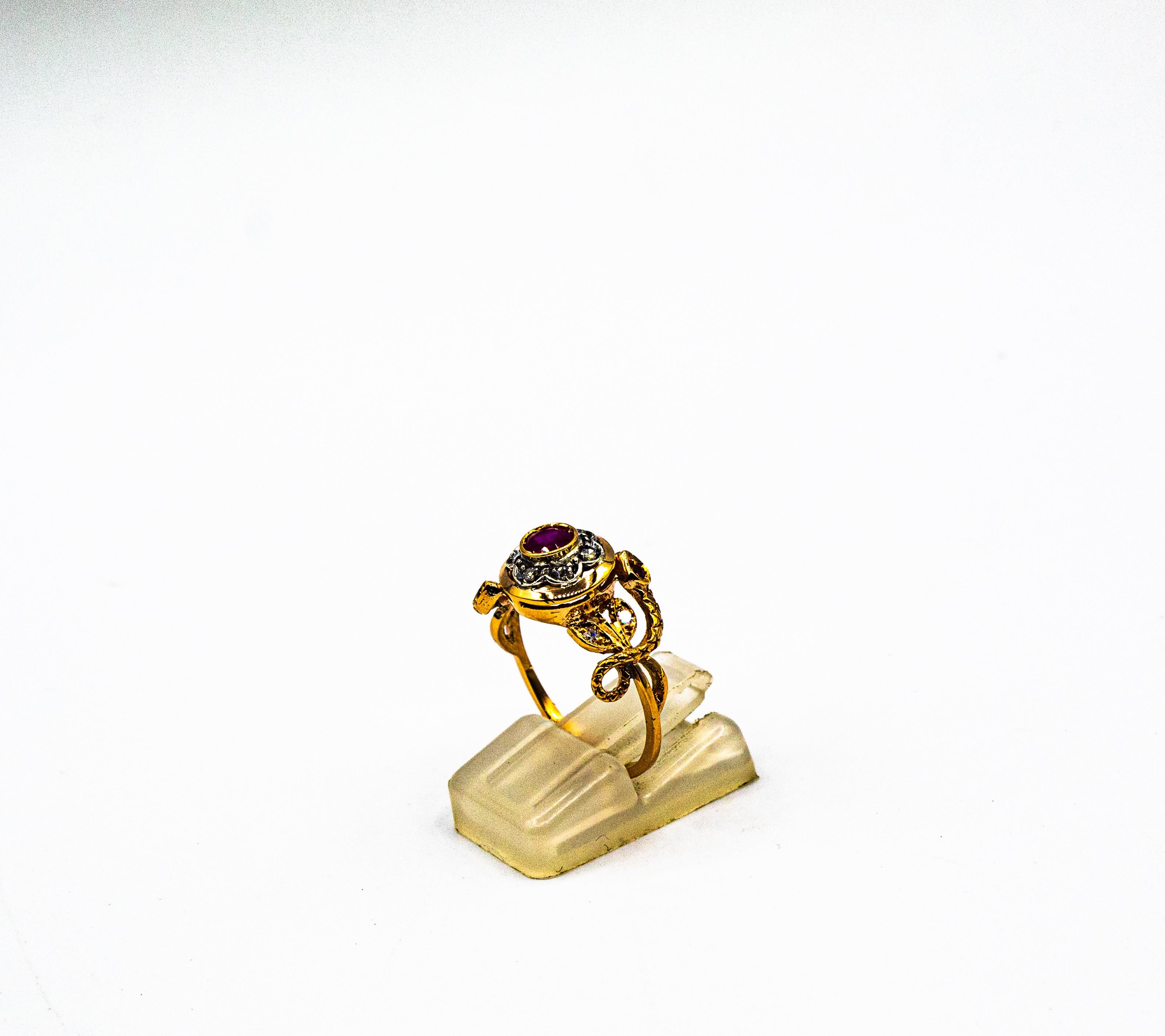 Art Deco Art Nouveau Style White Old European Cut Diamond Ruby Yellow Gold Cocktail Ring For Sale