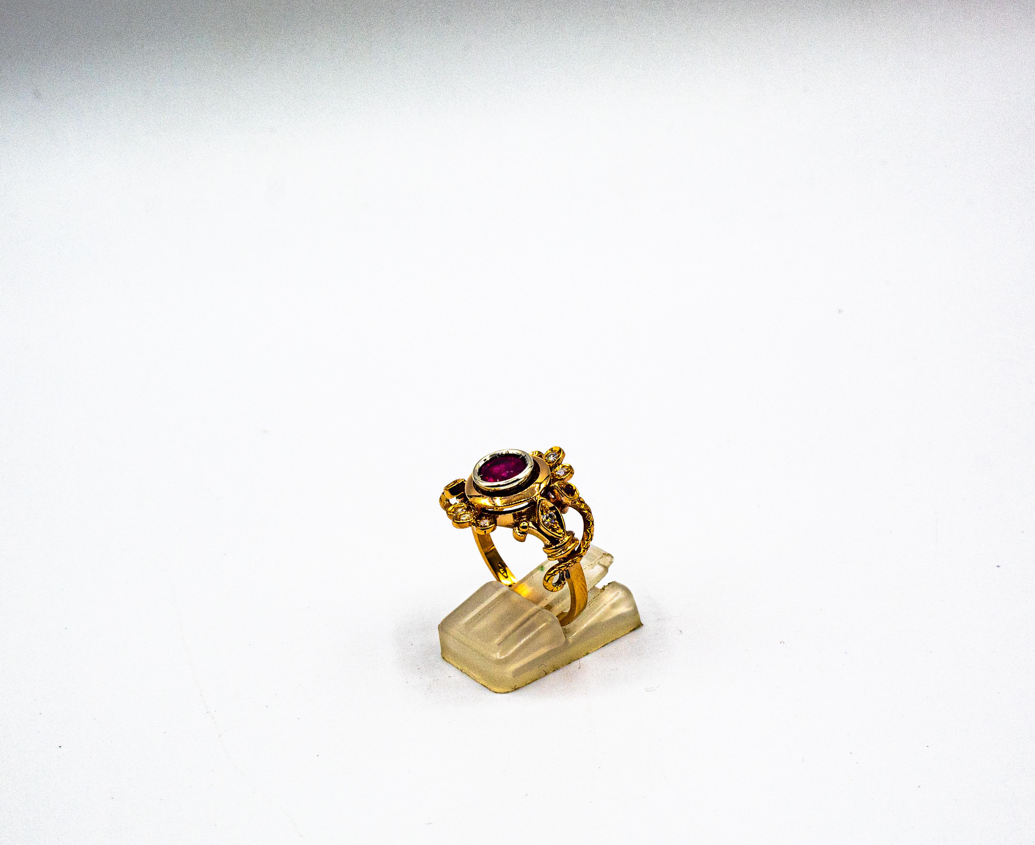 Art Nouveau Style White Old European Cut Diamond Ruby Yellow Gold Cocktail Ring In New Condition For Sale In Naples, IT