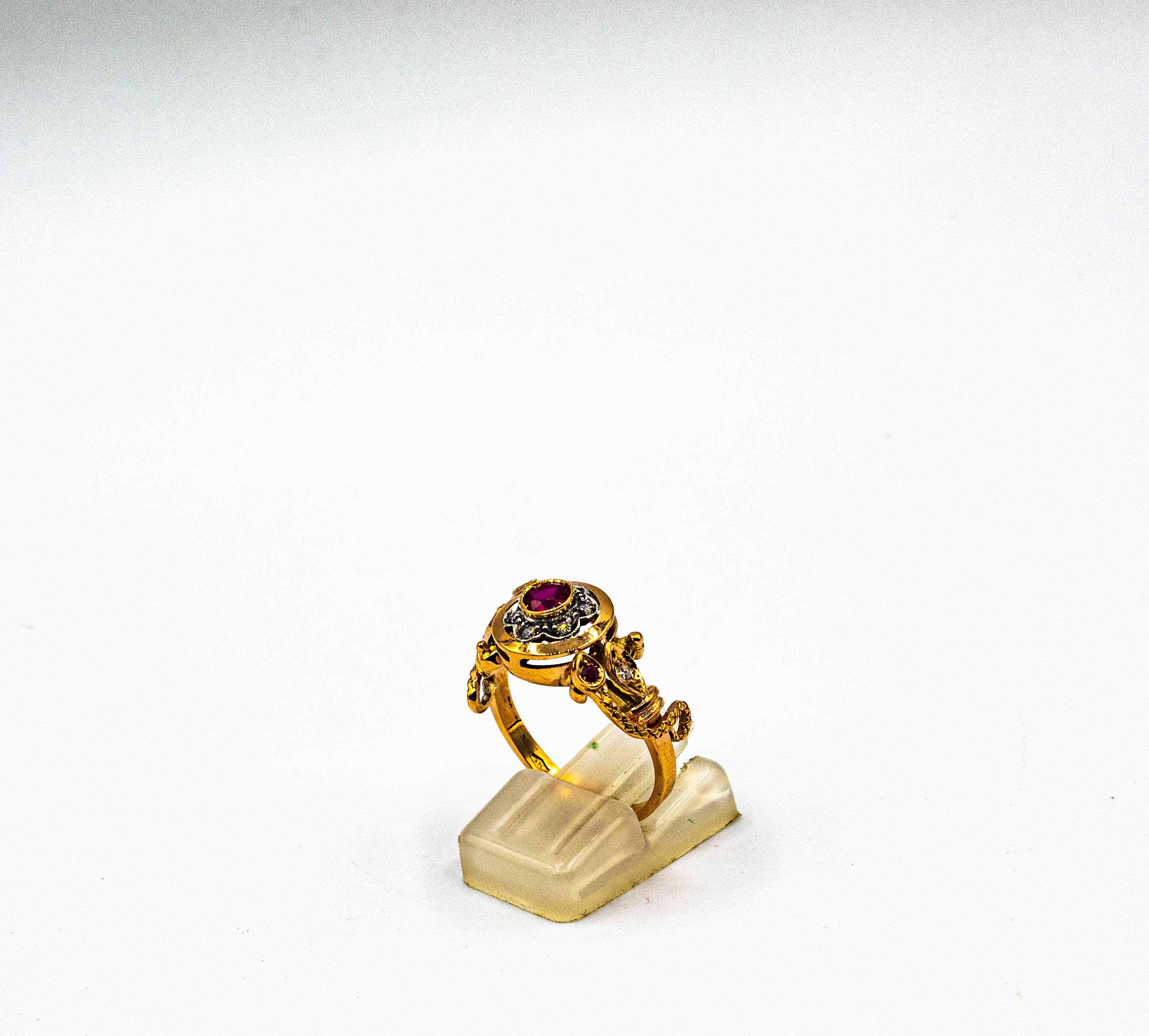 Art Nouveau Style White Old European Cut Diamond Ruby Yellow Gold Cocktail Ring In New Condition For Sale In Naples, IT
