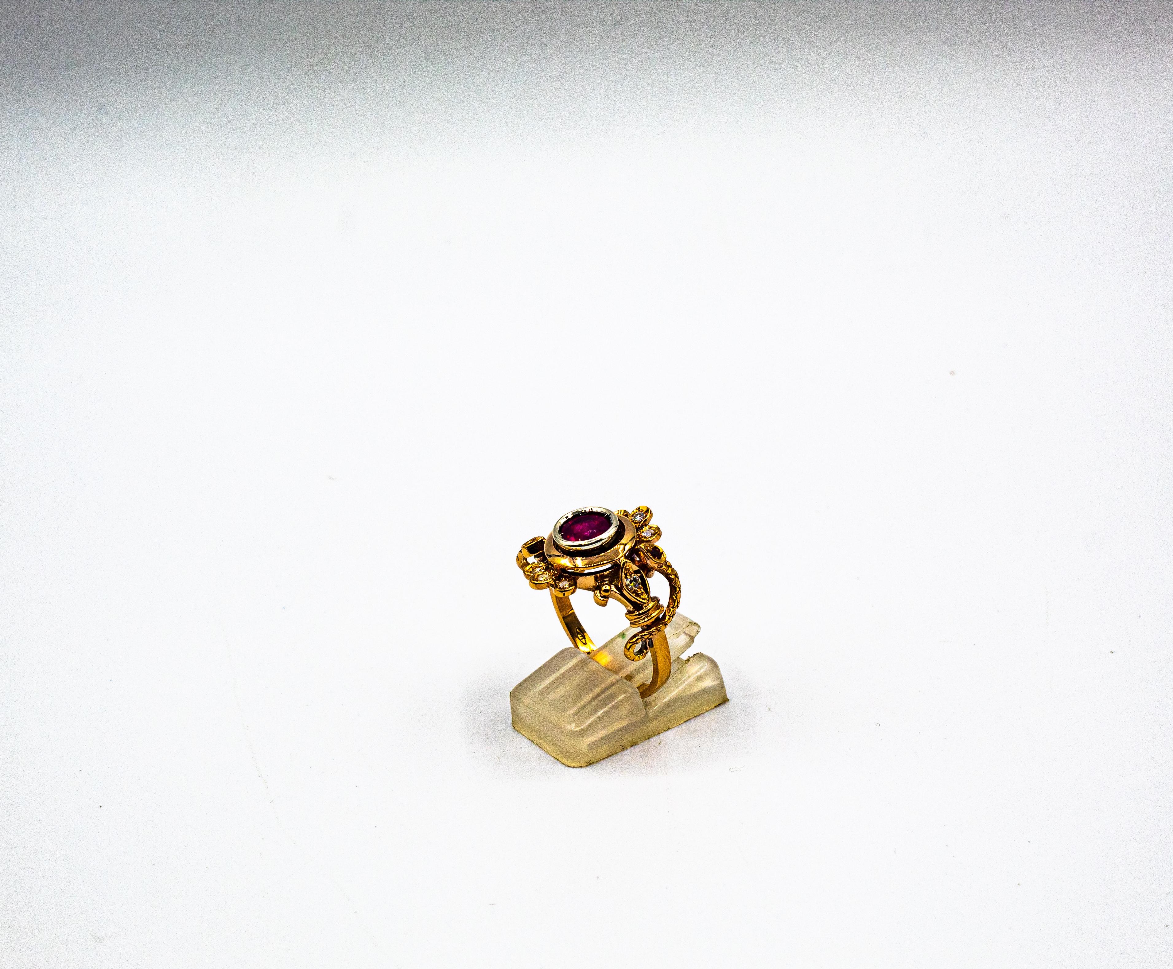 Women's or Men's Art Nouveau Style White Old European Cut Diamond Ruby Yellow Gold Cocktail Ring For Sale