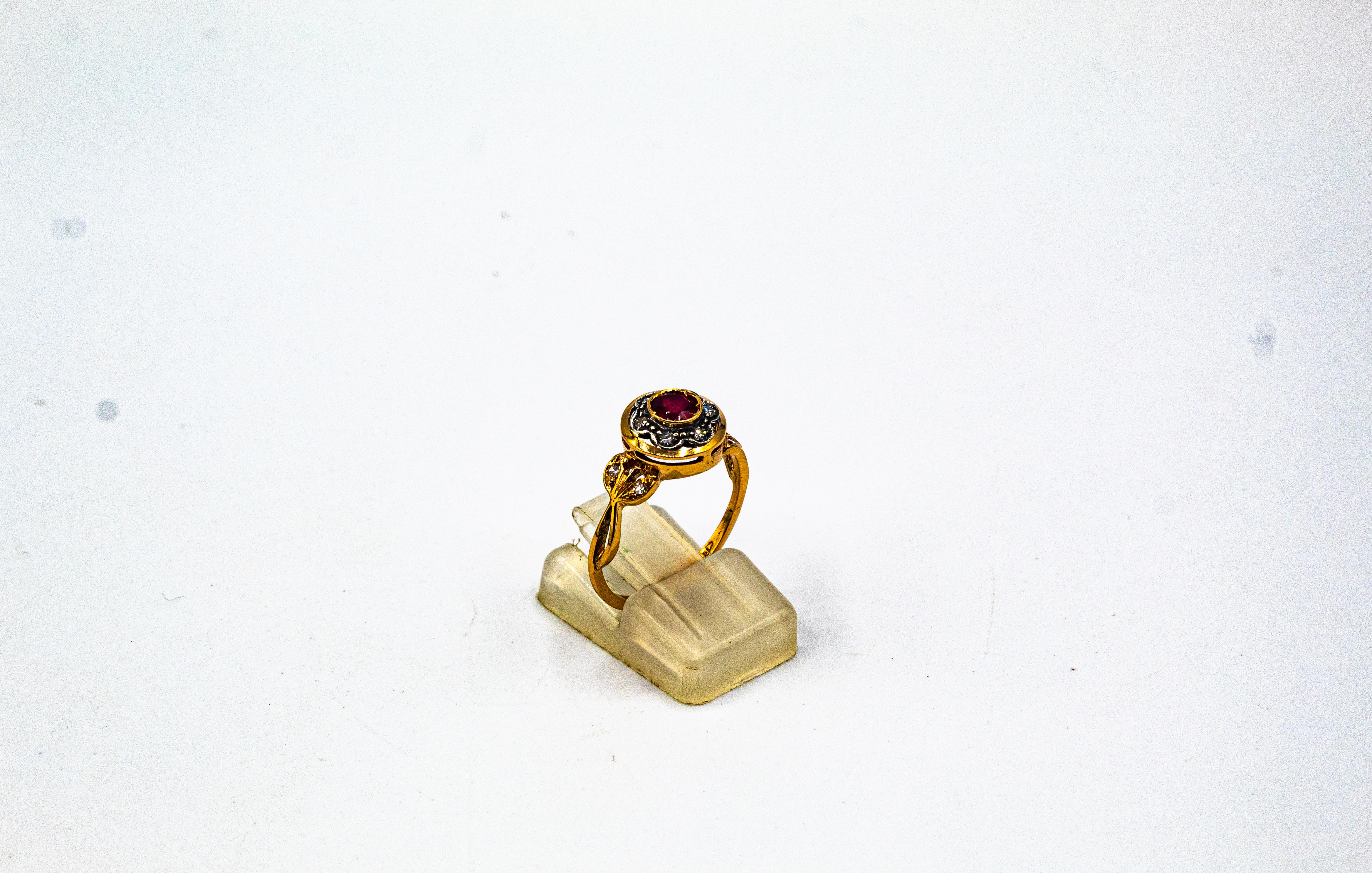 Women's or Men's Art Nouveau Style White Old European Cut Diamond Ruby Yellow Gold Cocktail Ring For Sale