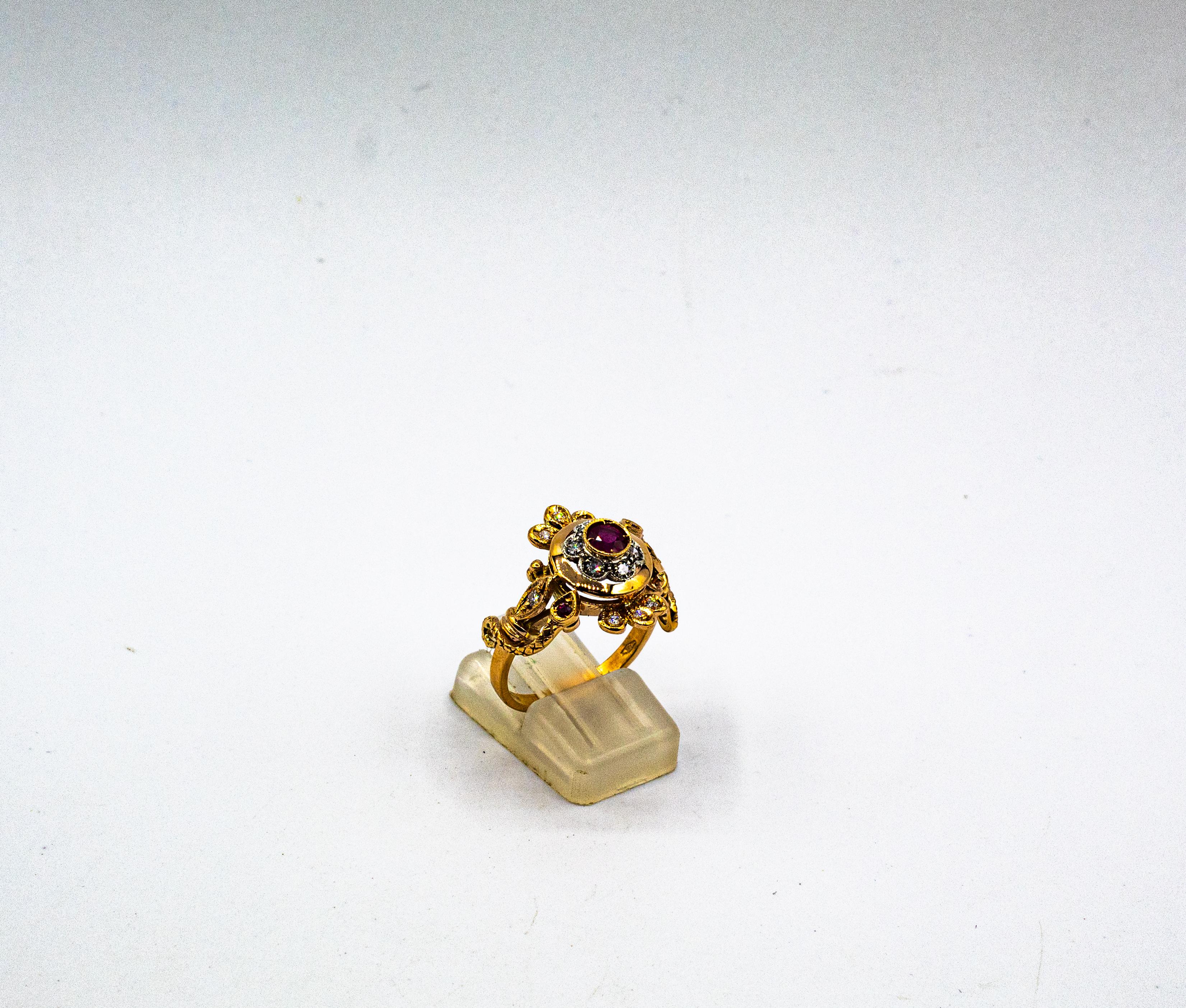 Bague de cocktail en or jaune, diamant blanc de taille européenne, rubis, style Art Nouveau Neuf - En vente à Naples, IT