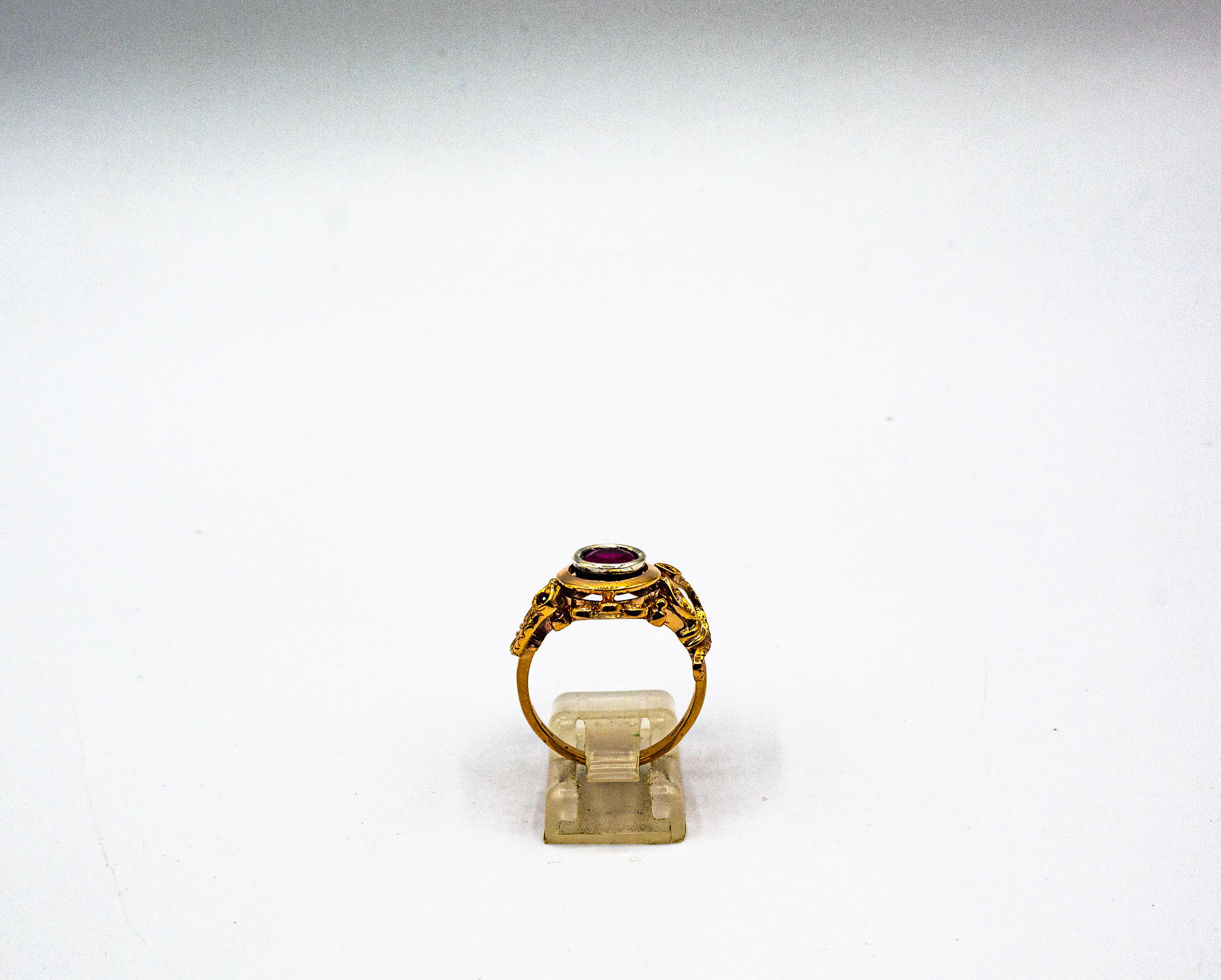 Art Nouveau Style White Old European Cut Diamond Ruby Yellow Gold Cocktail Ring For Sale 1