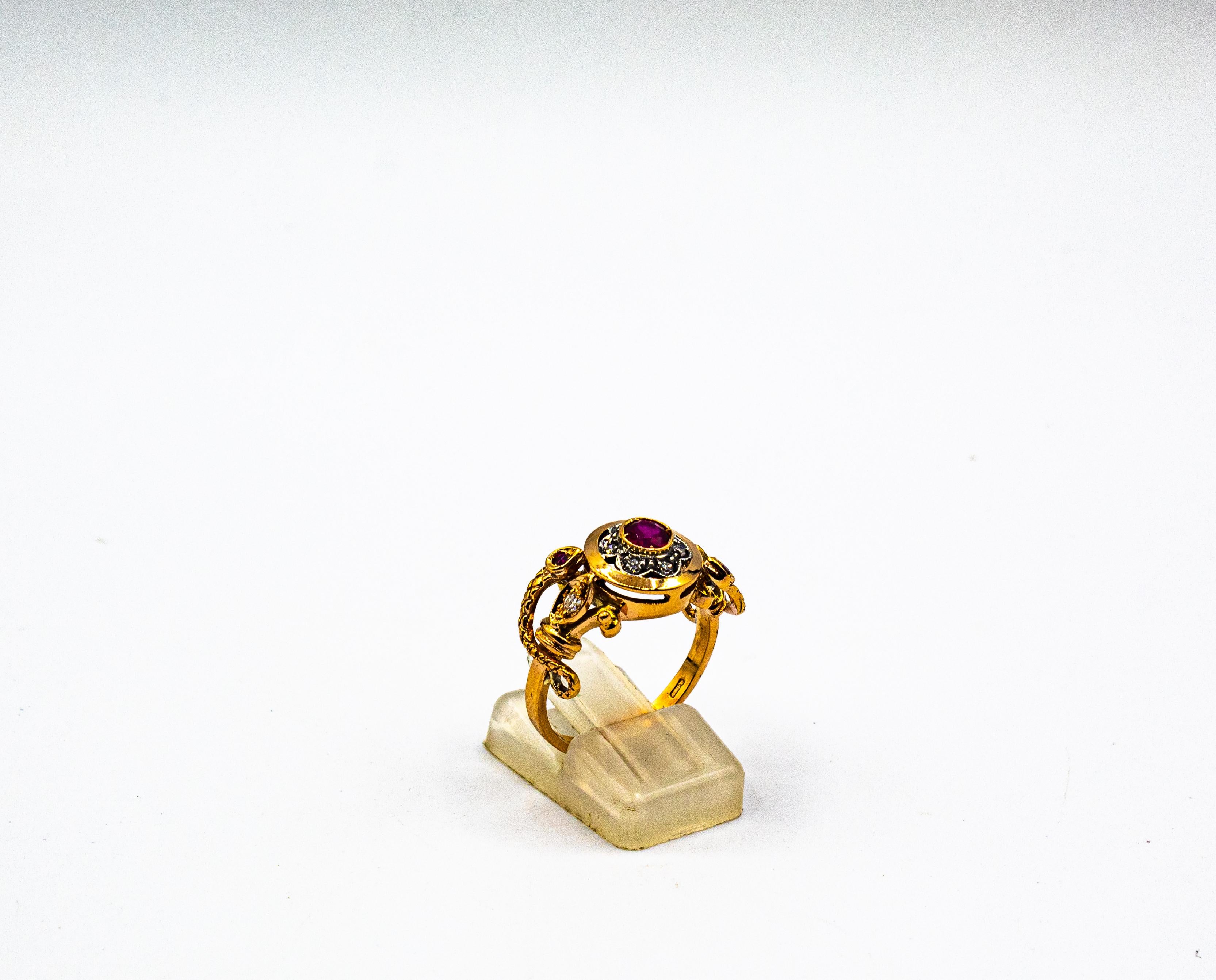 Art Nouveau Style White Old European Cut Diamond Ruby Yellow Gold Cocktail Ring For Sale 1