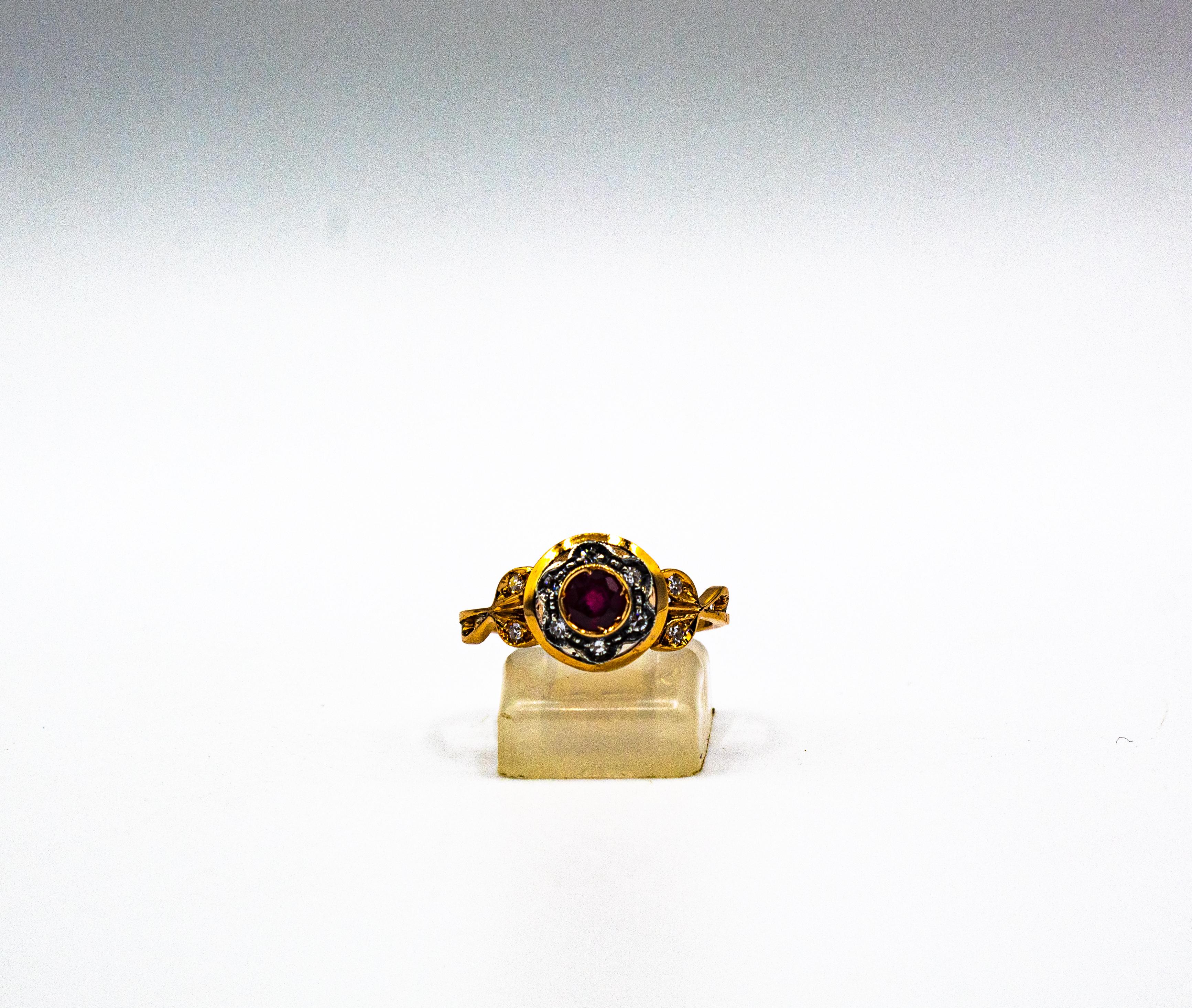 Art Nouveau Style White Old European Cut Diamond Ruby Yellow Gold Cocktail Ring For Sale 1