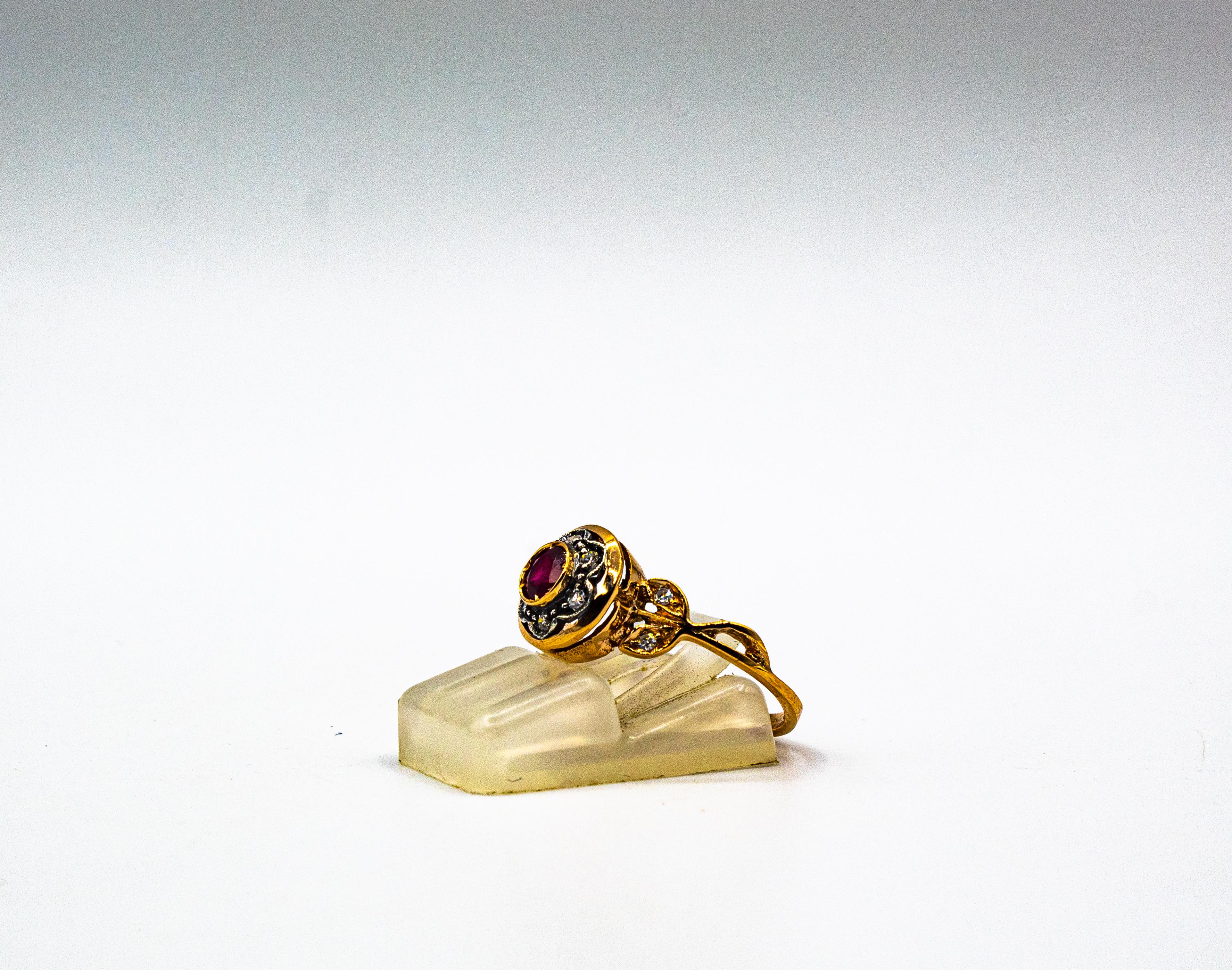 Anillo de cóctel de oro amarillo con diamante rubí de talla europea blanca de estilo Art Nouveau 1