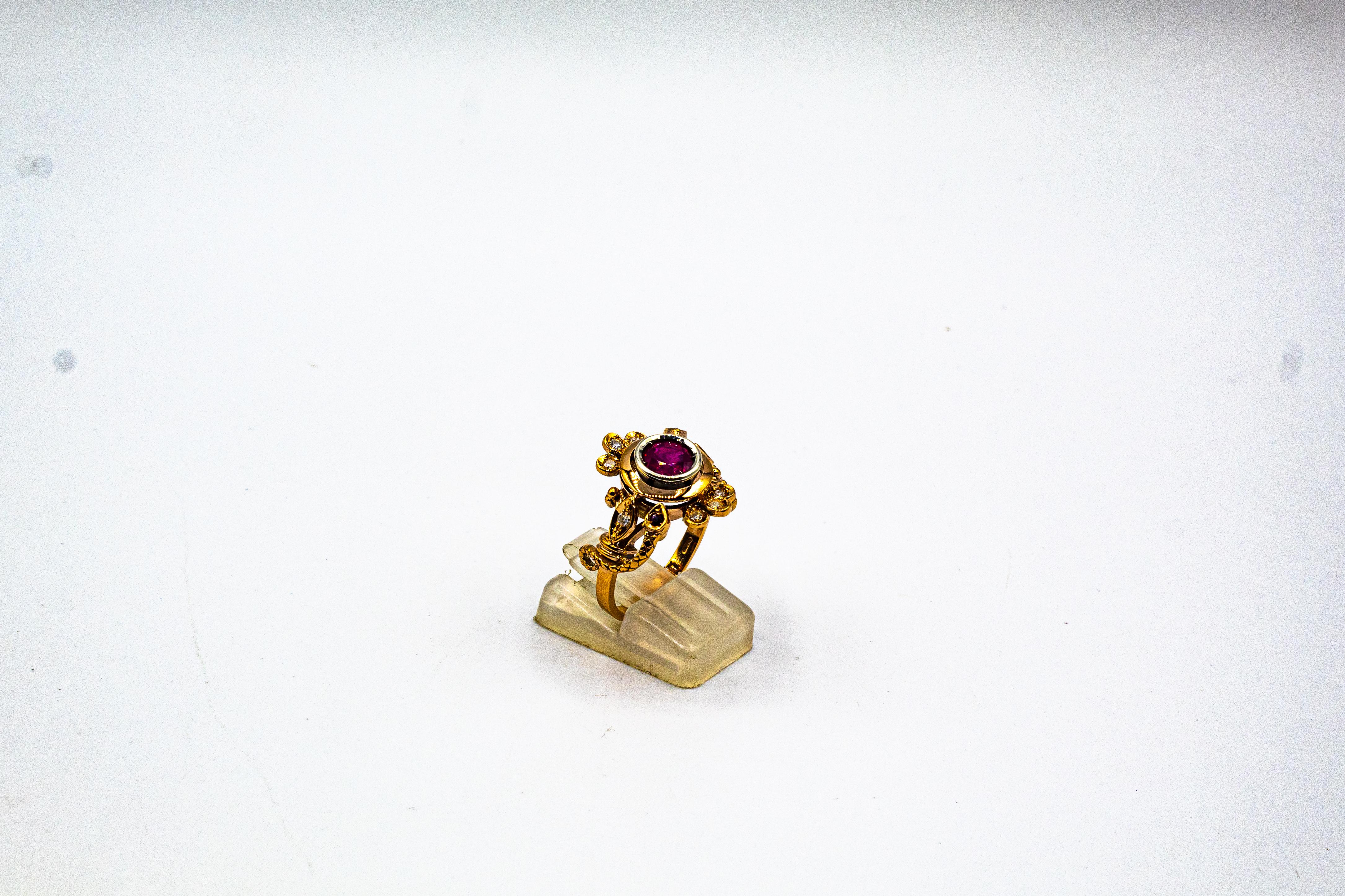 Art Nouveau Style White Old European Cut Diamond Ruby Yellow Gold Cocktail Ring For Sale 2