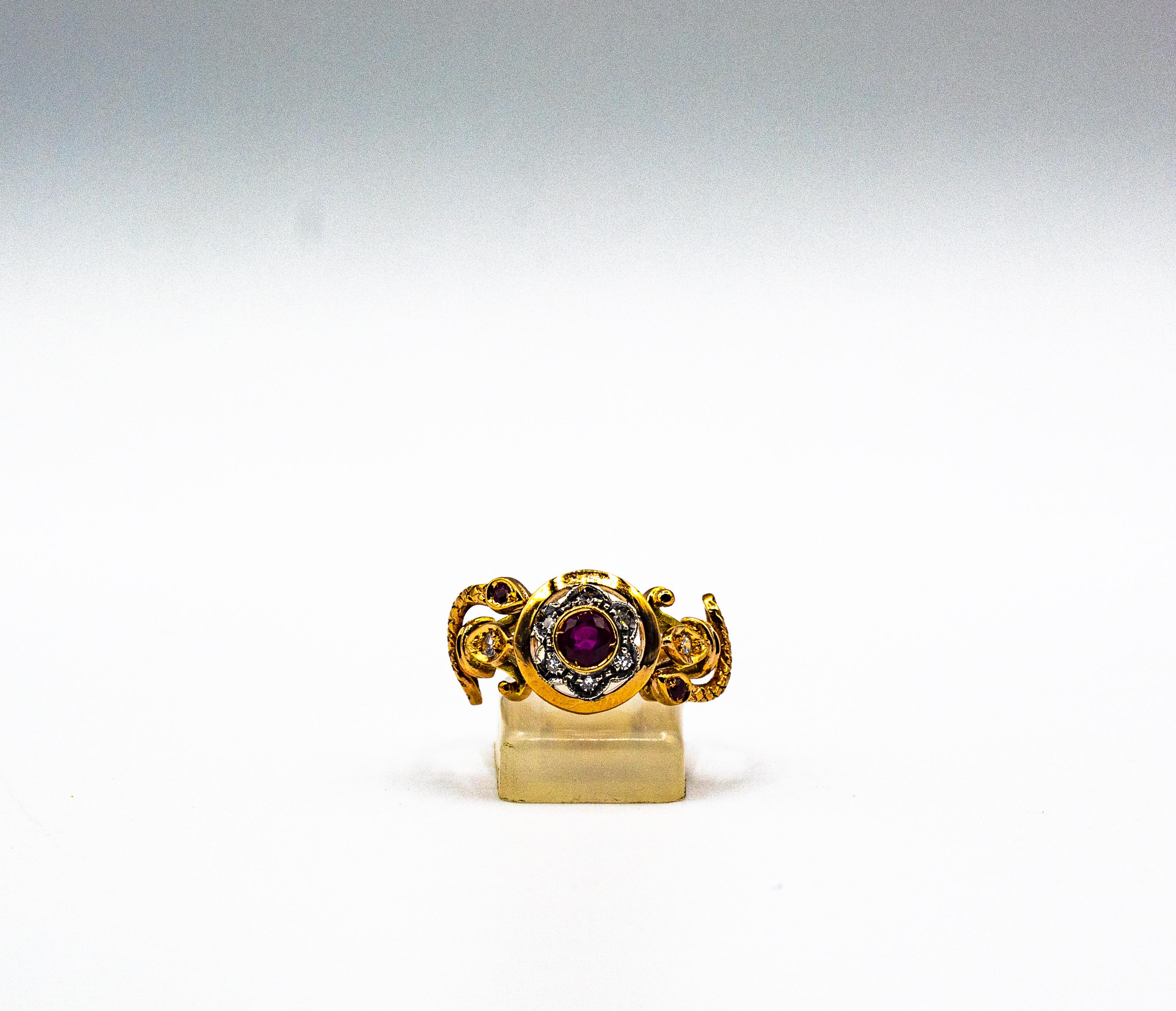 Art Nouveau Style White Old European Cut Diamond Ruby Yellow Gold Cocktail Ring For Sale 2