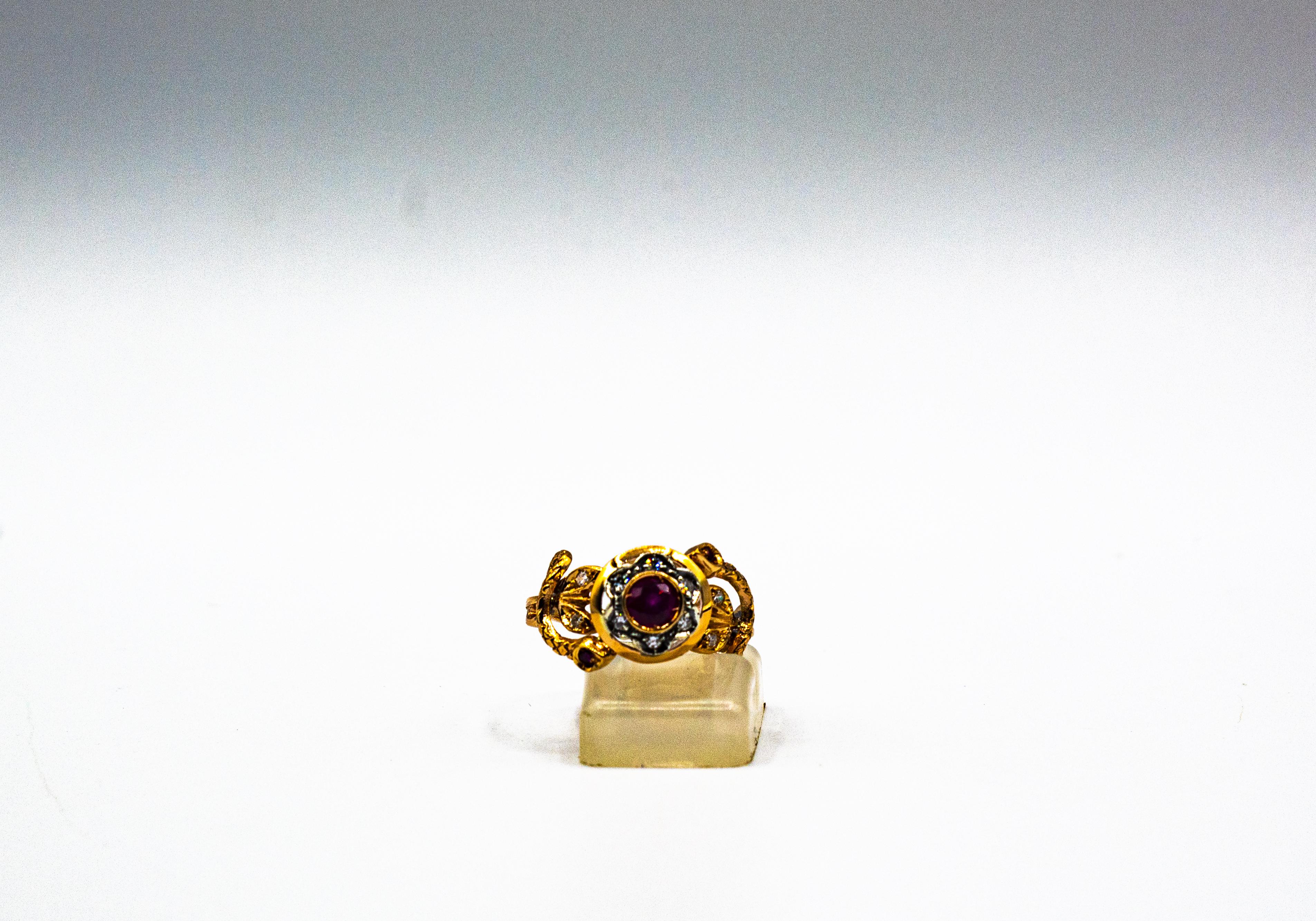 Art Nouveau Style White Old European Cut Diamond Ruby Yellow Gold Cocktail Ring For Sale 2