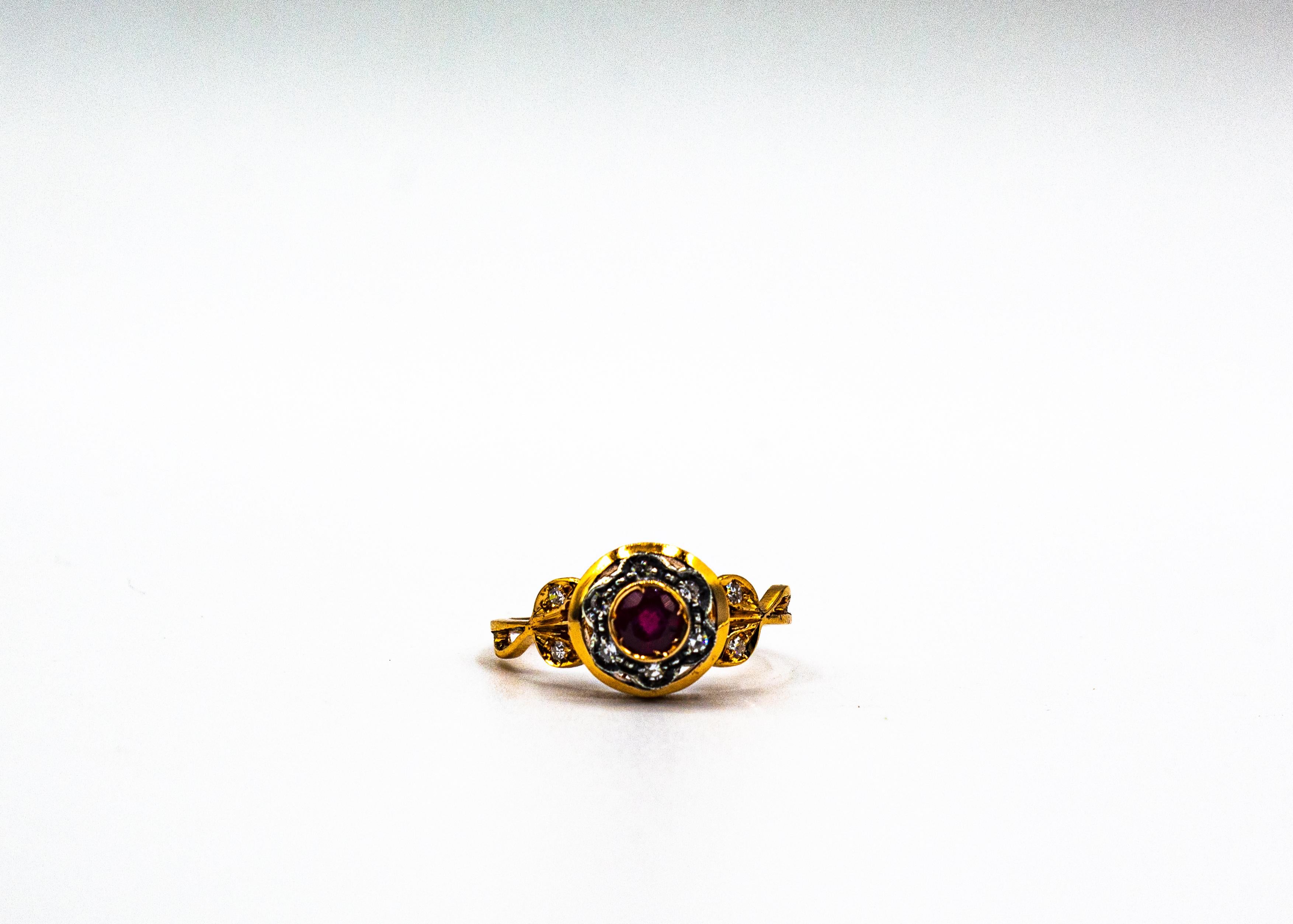 Anillo de cóctel de oro amarillo con diamante rubí de talla europea blanca de estilo Art Nouveau 2