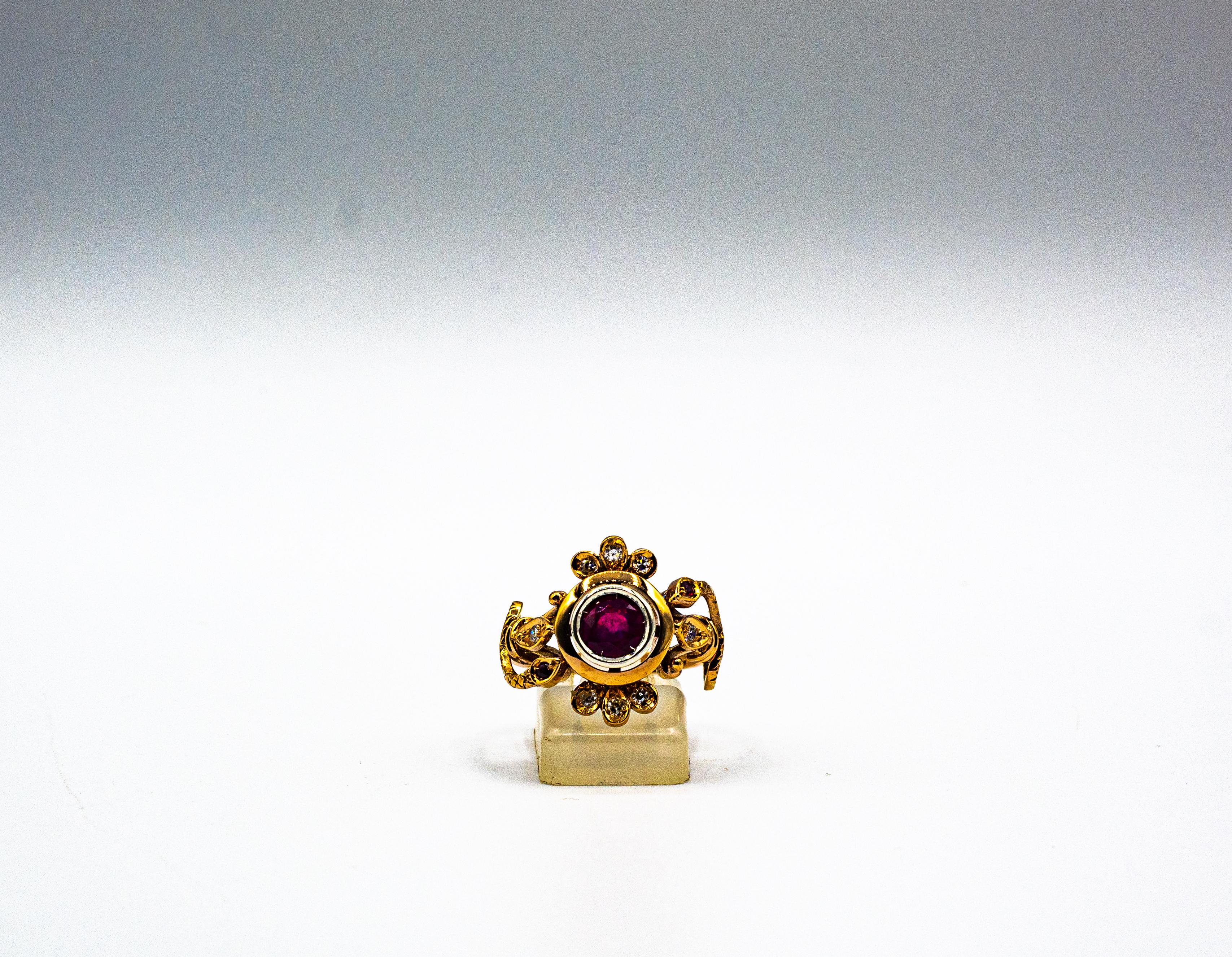 Art Nouveau Style White Old European Cut Diamond Ruby Yellow Gold Cocktail Ring For Sale 3