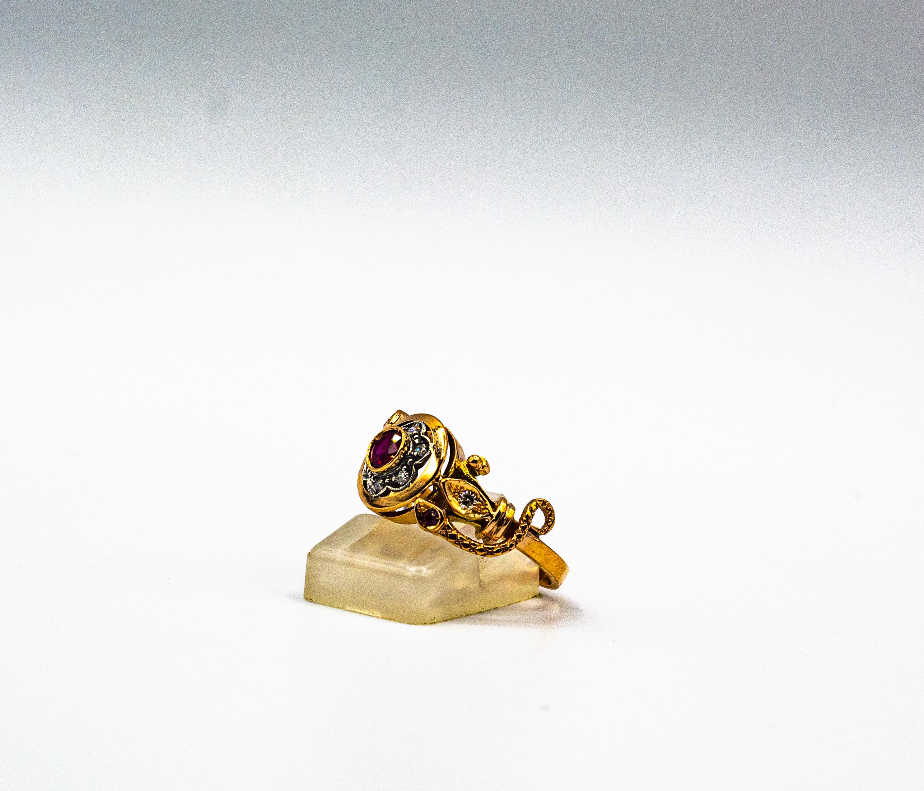 Art Nouveau Style White Old European Cut Diamond Ruby Yellow Gold Cocktail Ring For Sale 3