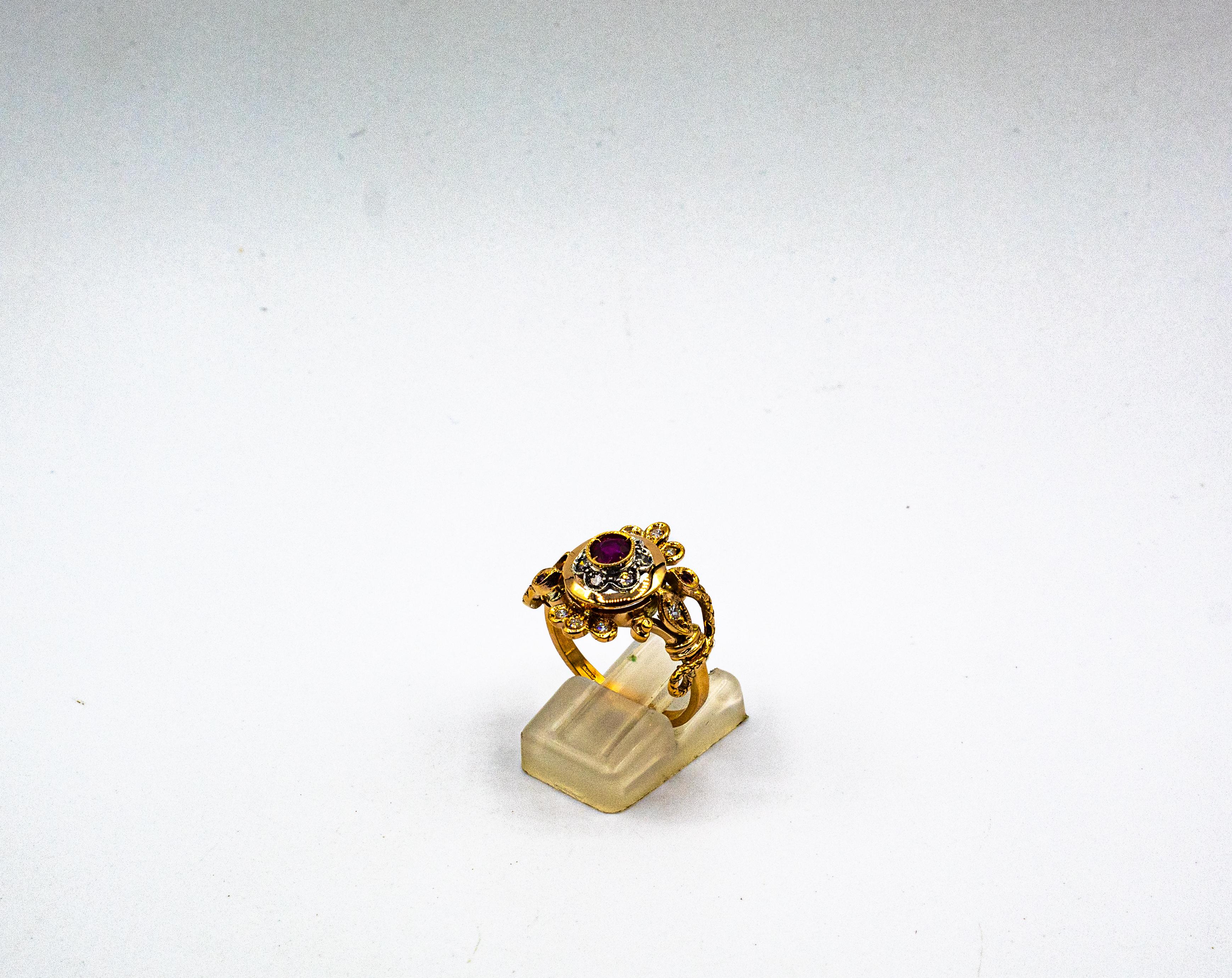 Bague de cocktail en or jaune, diamant blanc de taille européenne, rubis, style Art Nouveau en vente 2