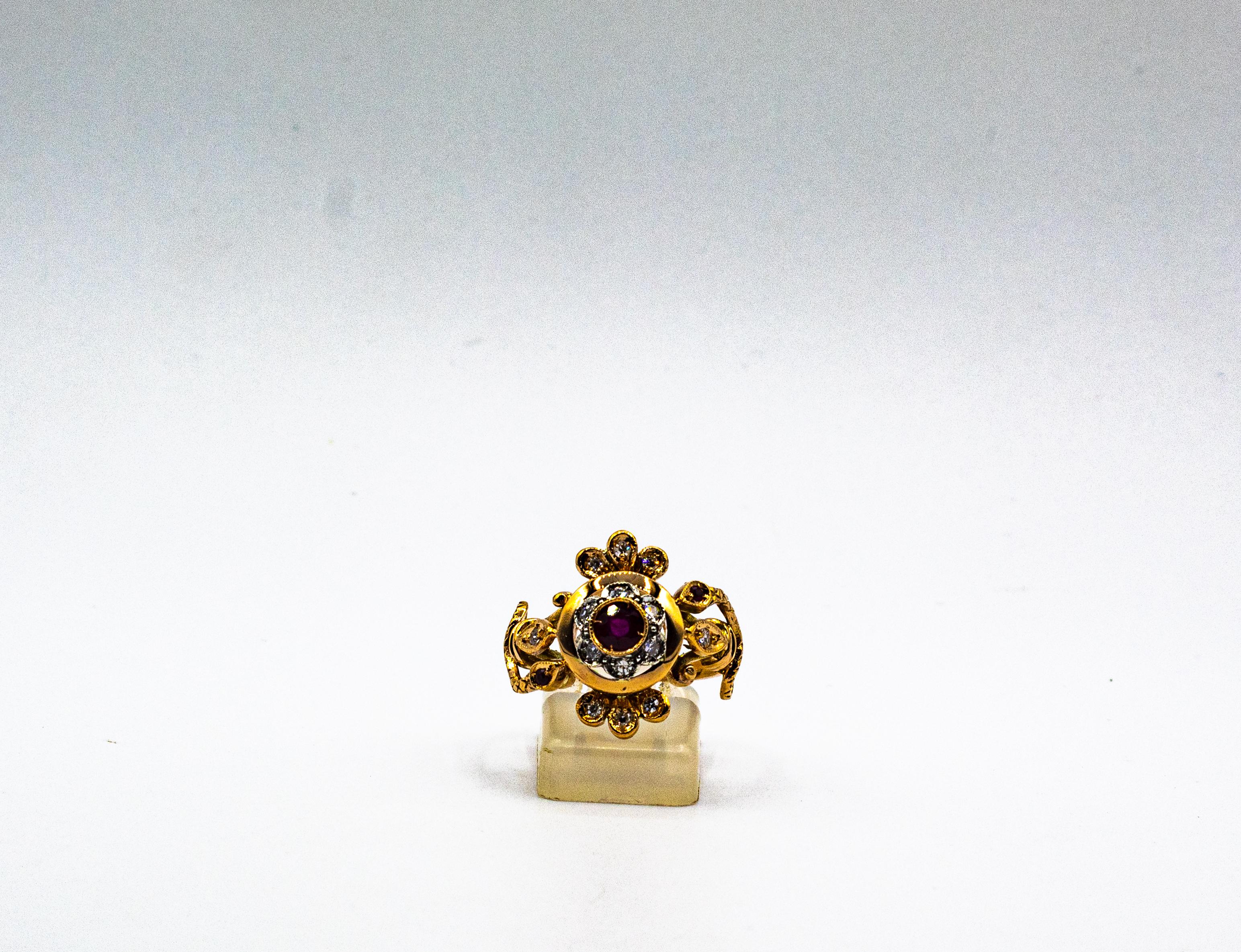 Art Nouveau Style White Old European Cut Diamond Ruby Yellow Gold Cocktail Ring For Sale 2