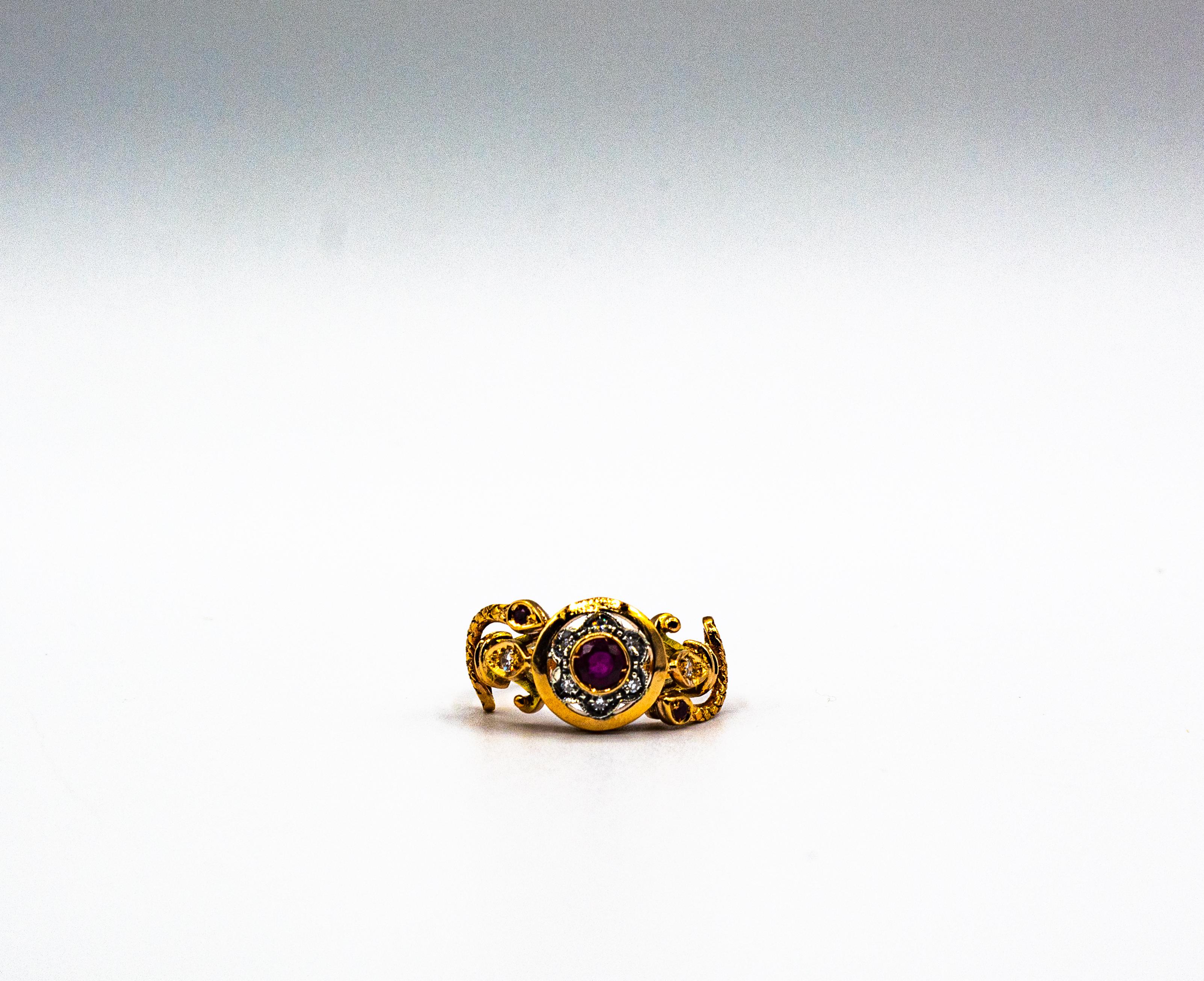 Art Nouveau Style White Old European Cut Diamond Ruby Yellow Gold Cocktail Ring For Sale 4