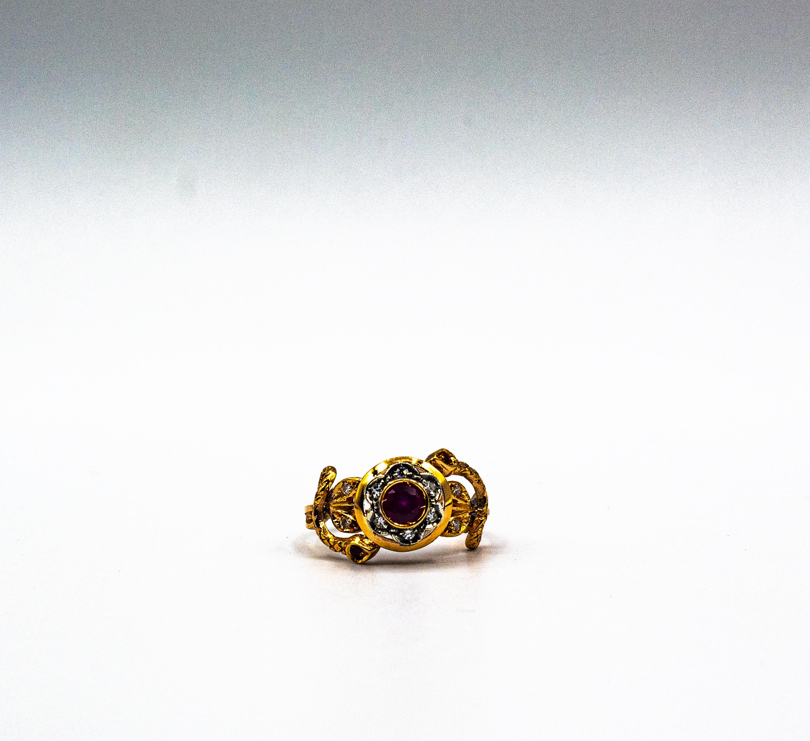 Art Nouveau Style White Old European Cut Diamond Ruby Yellow Gold Cocktail Ring For Sale 4