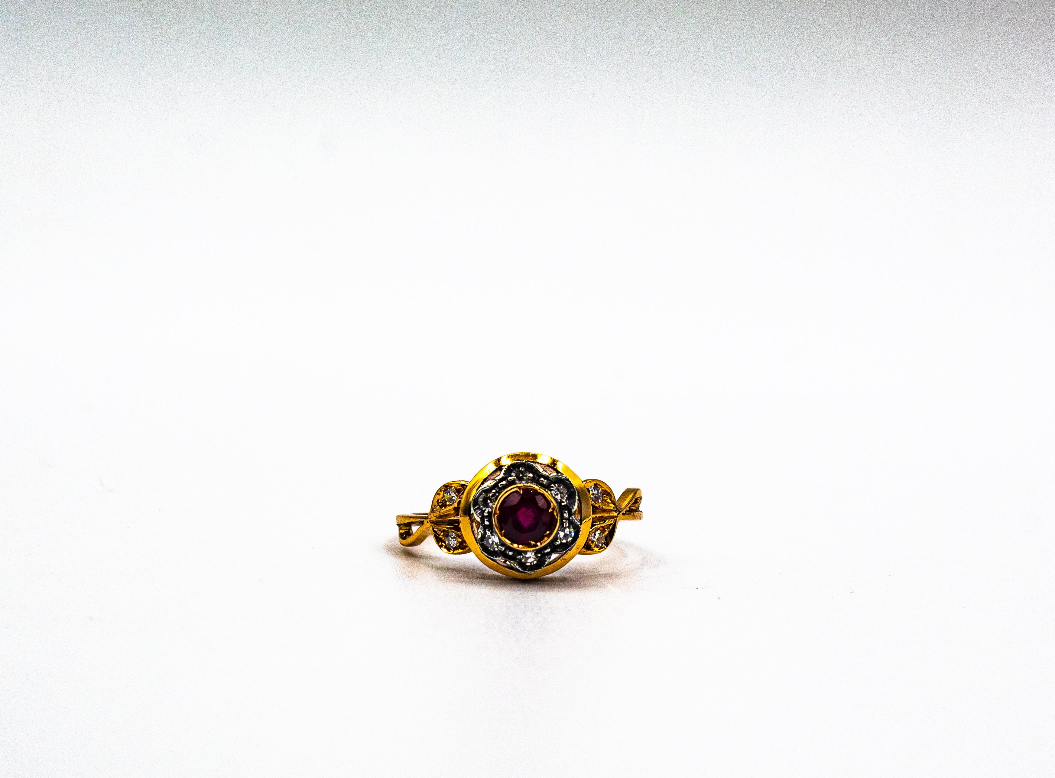 Art Nouveau Style White Old European Cut Diamond Ruby Yellow Gold Cocktail Ring For Sale 4