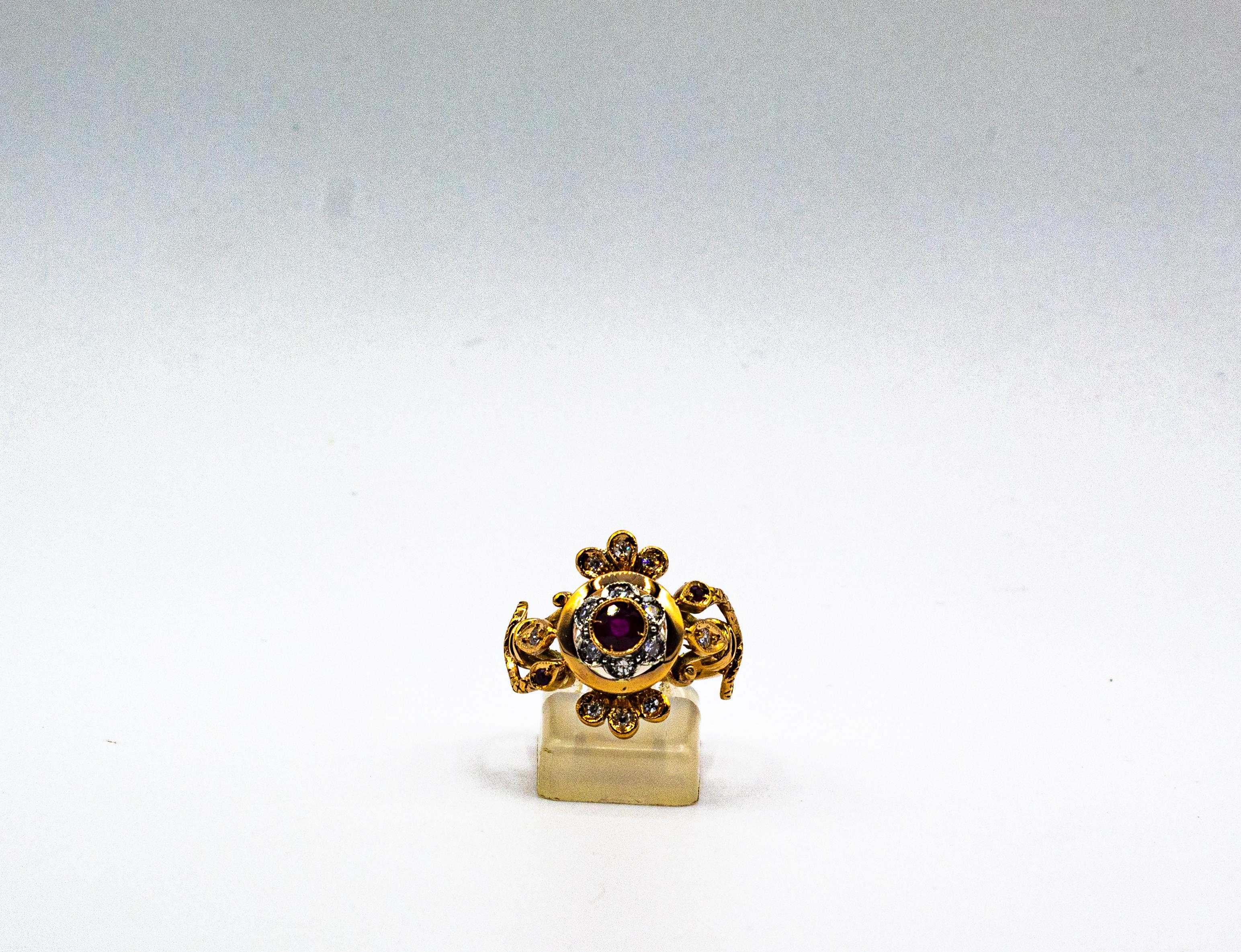 Bague de cocktail en or jaune, diamant blanc de taille européenne, rubis, style Art Nouveau en vente 3