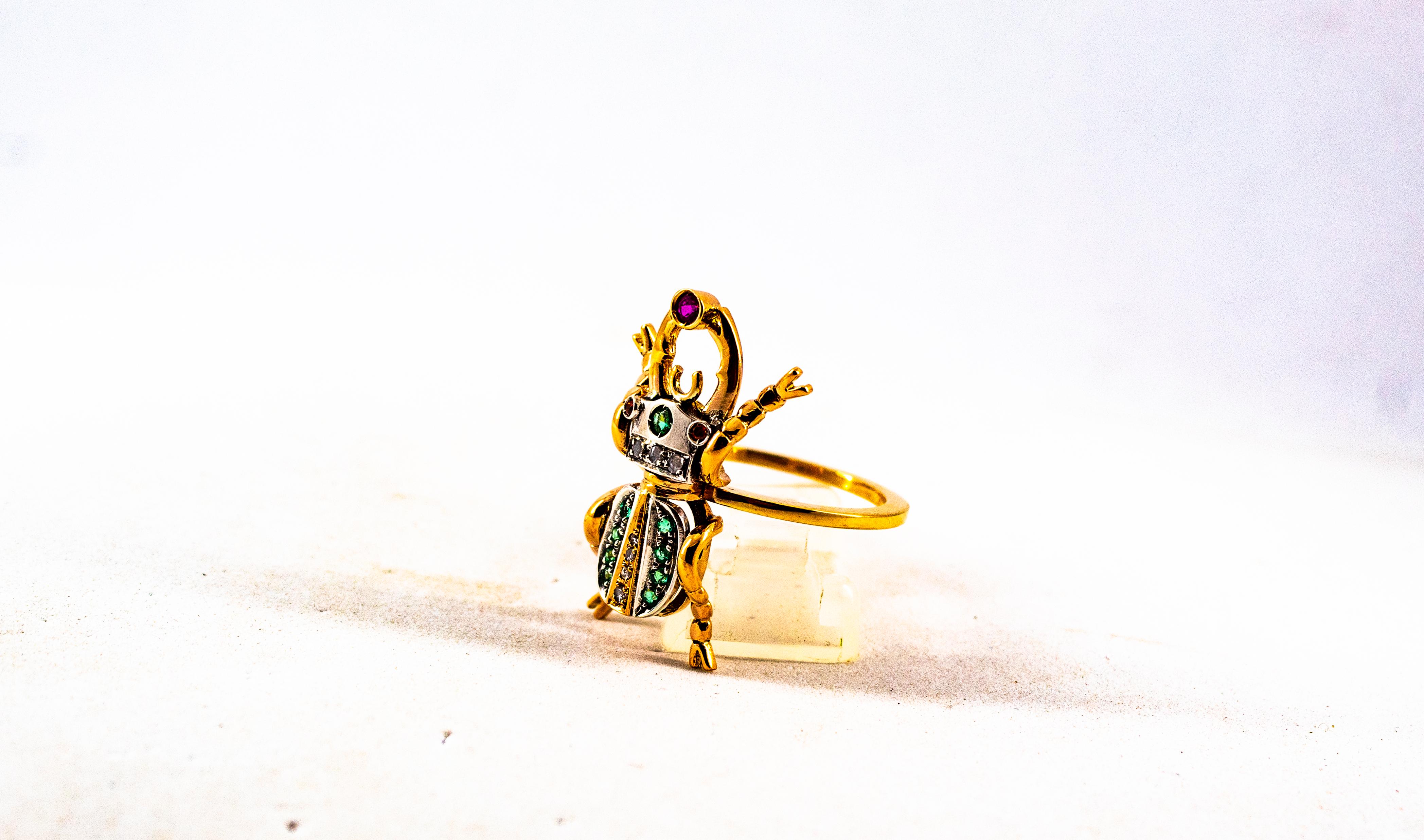 Art Nouveau Style Weißer Rosenschliff Diamant Smaragd Rubin Gelbgold Cocktail Ring im Angebot 7