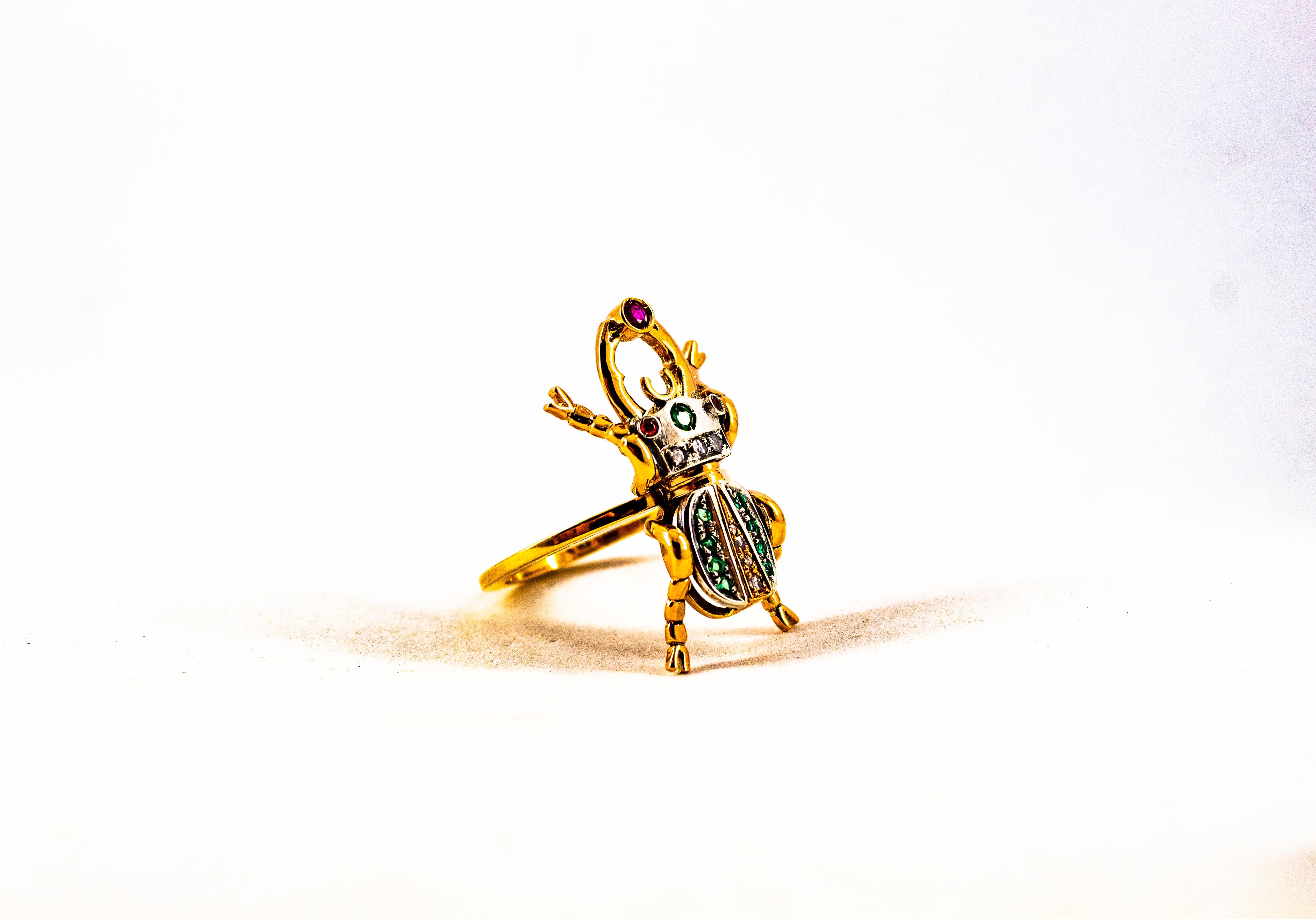 Art Nouveau Style Weißer Rosenschliff Diamant Smaragd Rubin Gelbgold Cocktail Ring im Angebot 9