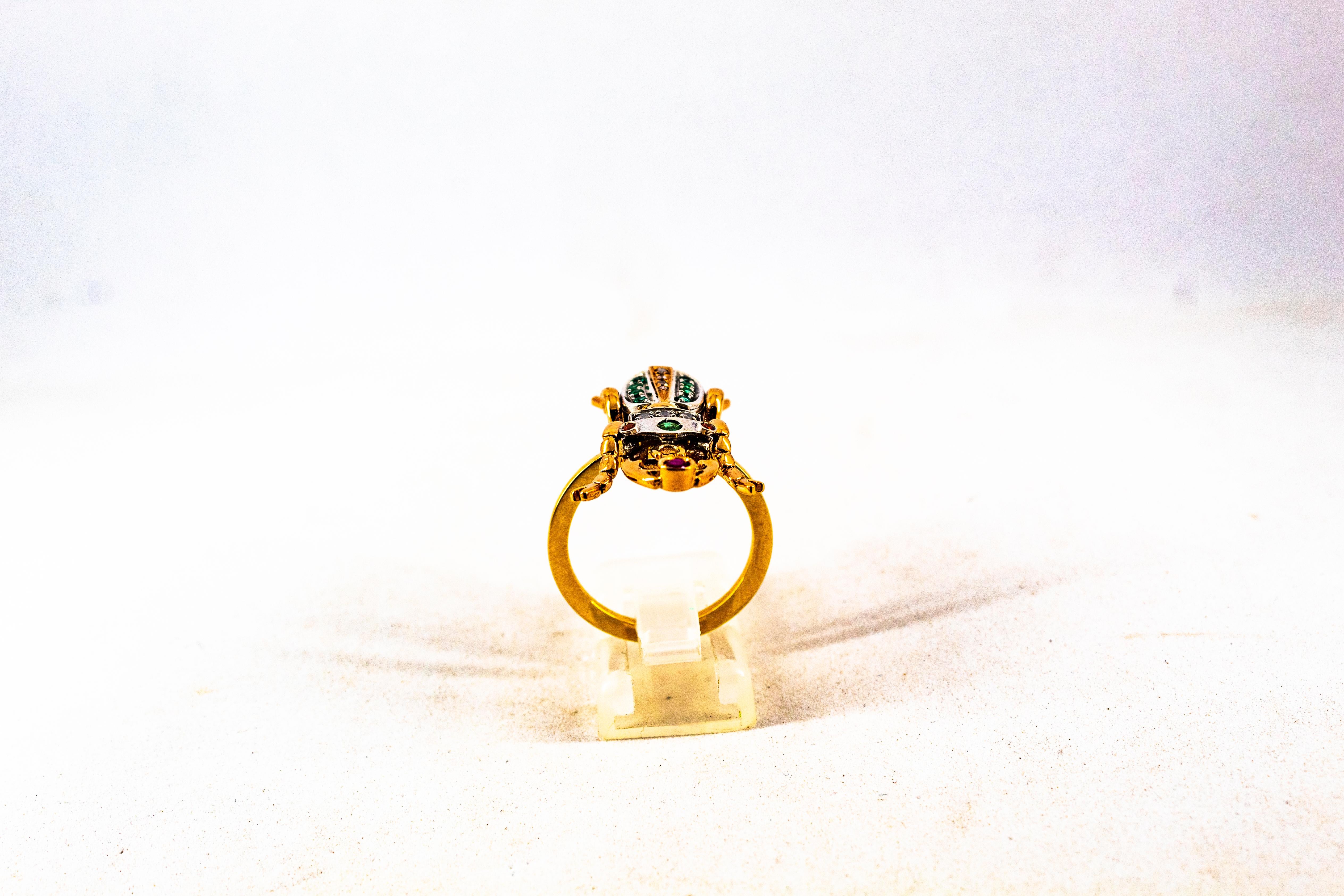Art Nouveau Style White Rose Cut Diamond Emerald Ruby Yellow Gold Cocktail Ring For Sale 2