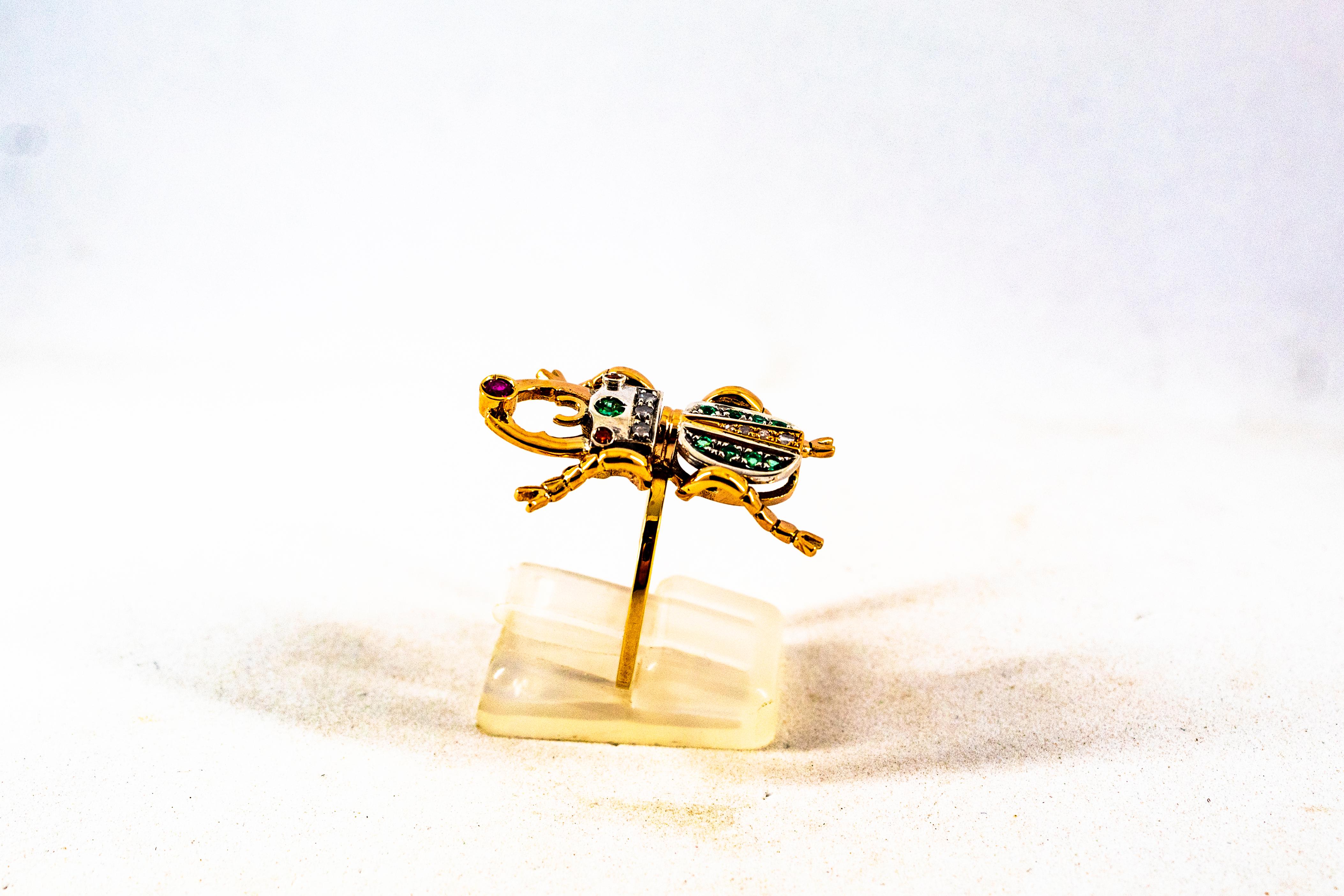 Art Nouveau Style Weißer Rosenschliff Diamant Smaragd Rubin Gelbgold Cocktail Ring im Angebot 2