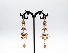 Art Nouveau Style White Rose Cut Diamond Pearl Yellow Gold Drop Earrings