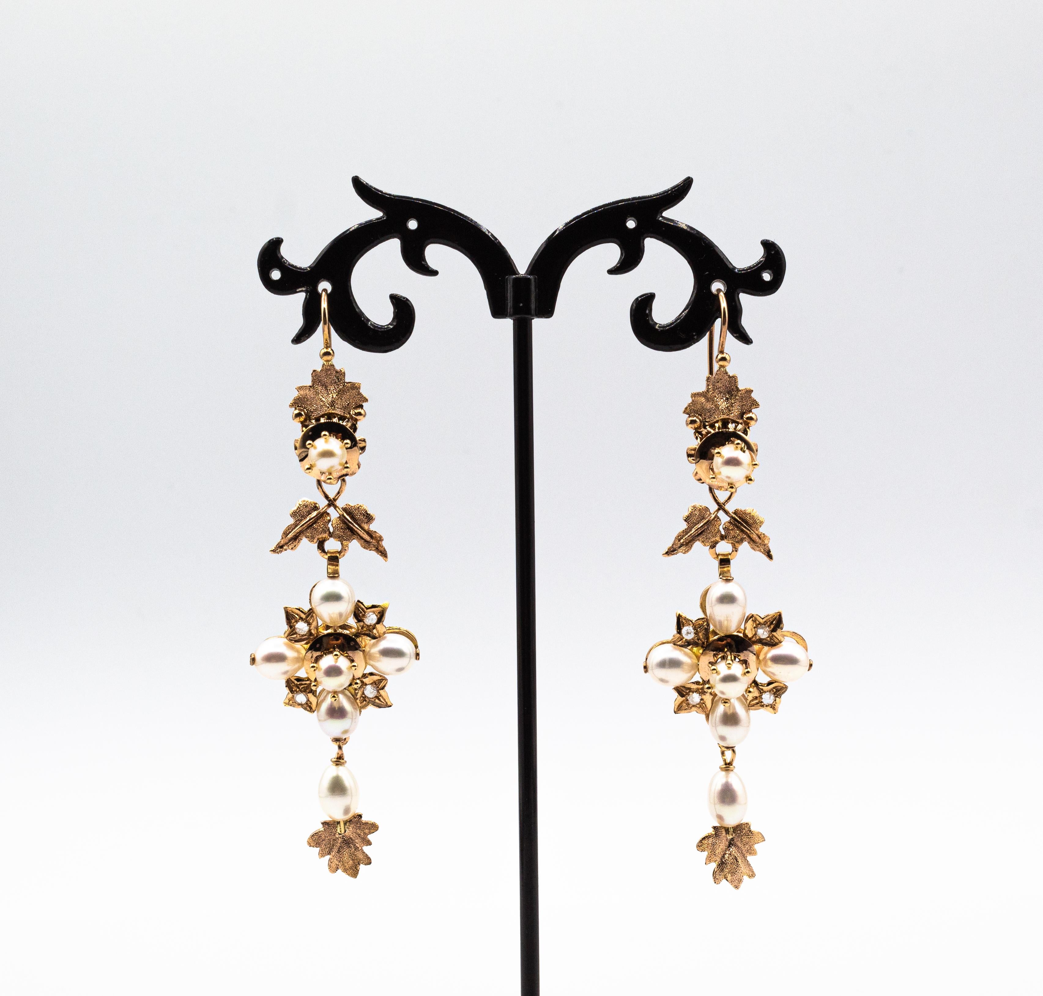 Art Nouveau Style White Rose Cut Diamond Pearl Yellow Gold Drop Earrings In New Condition For Sale In Naples, IT