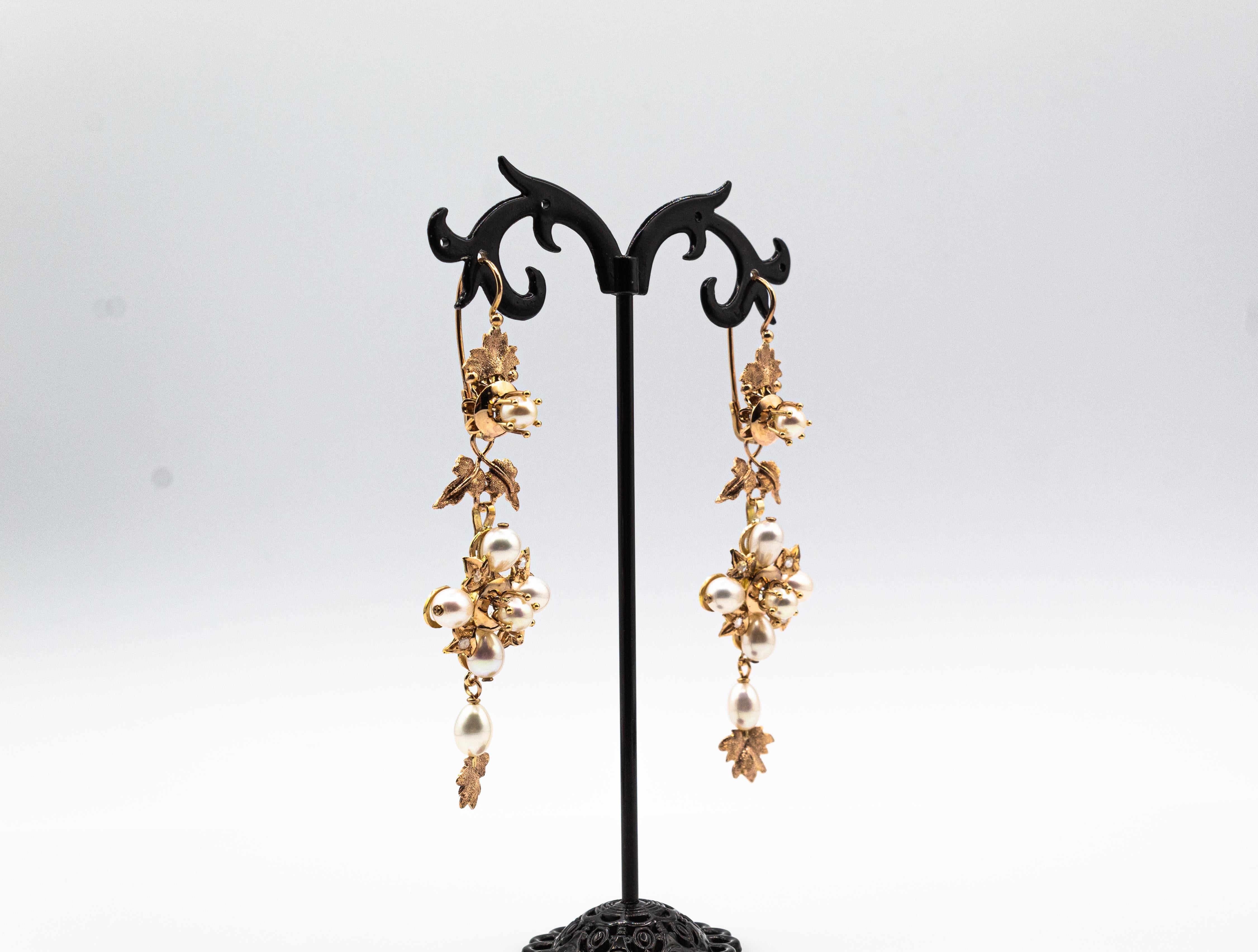 Women's or Men's Art Nouveau Style White Rose Cut Diamond Pearl Yellow Gold Drop Earrings For Sale