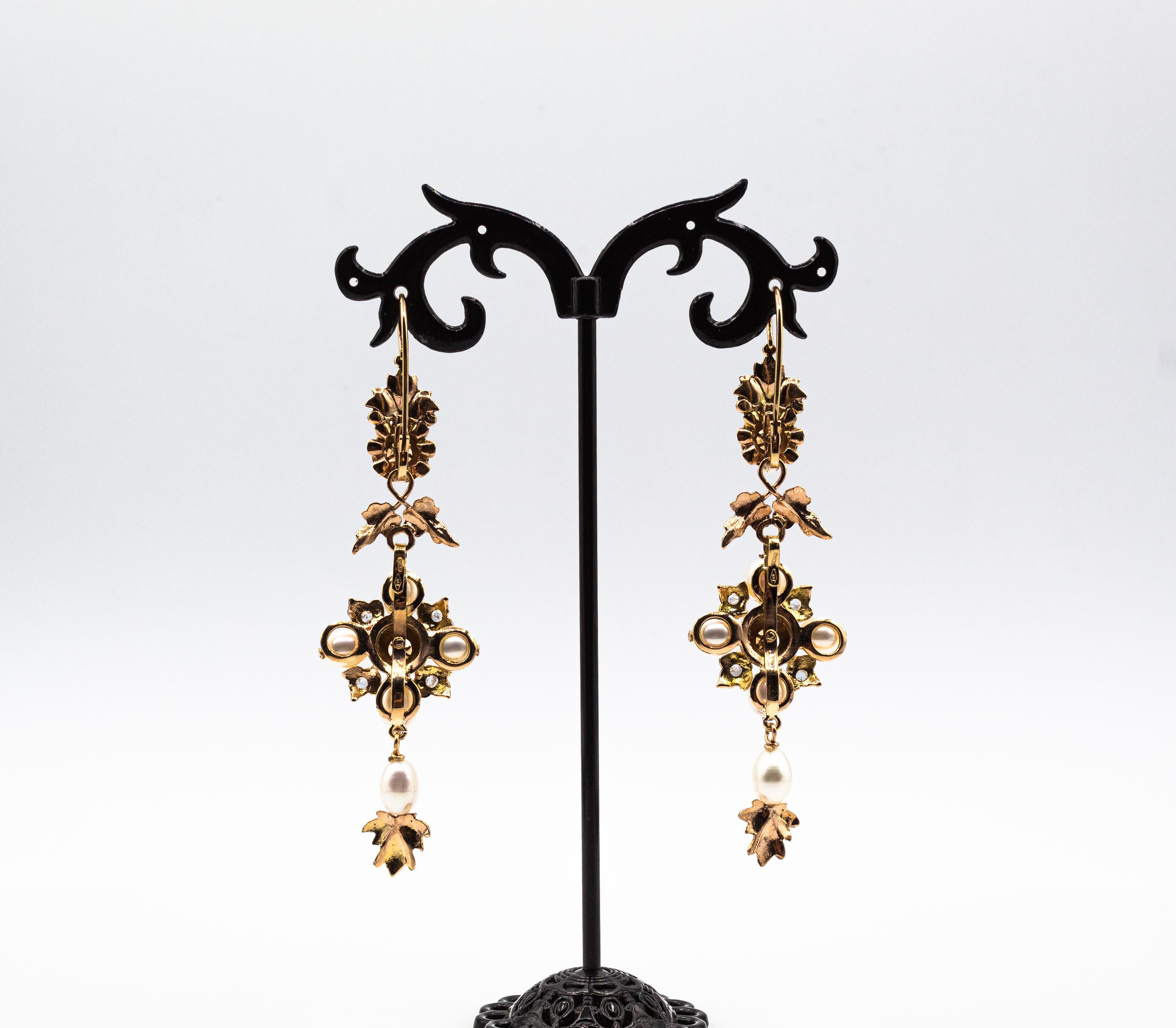 Art Nouveau Style White Rose Cut Diamond Pearl Yellow Gold Drop Earrings For Sale 1