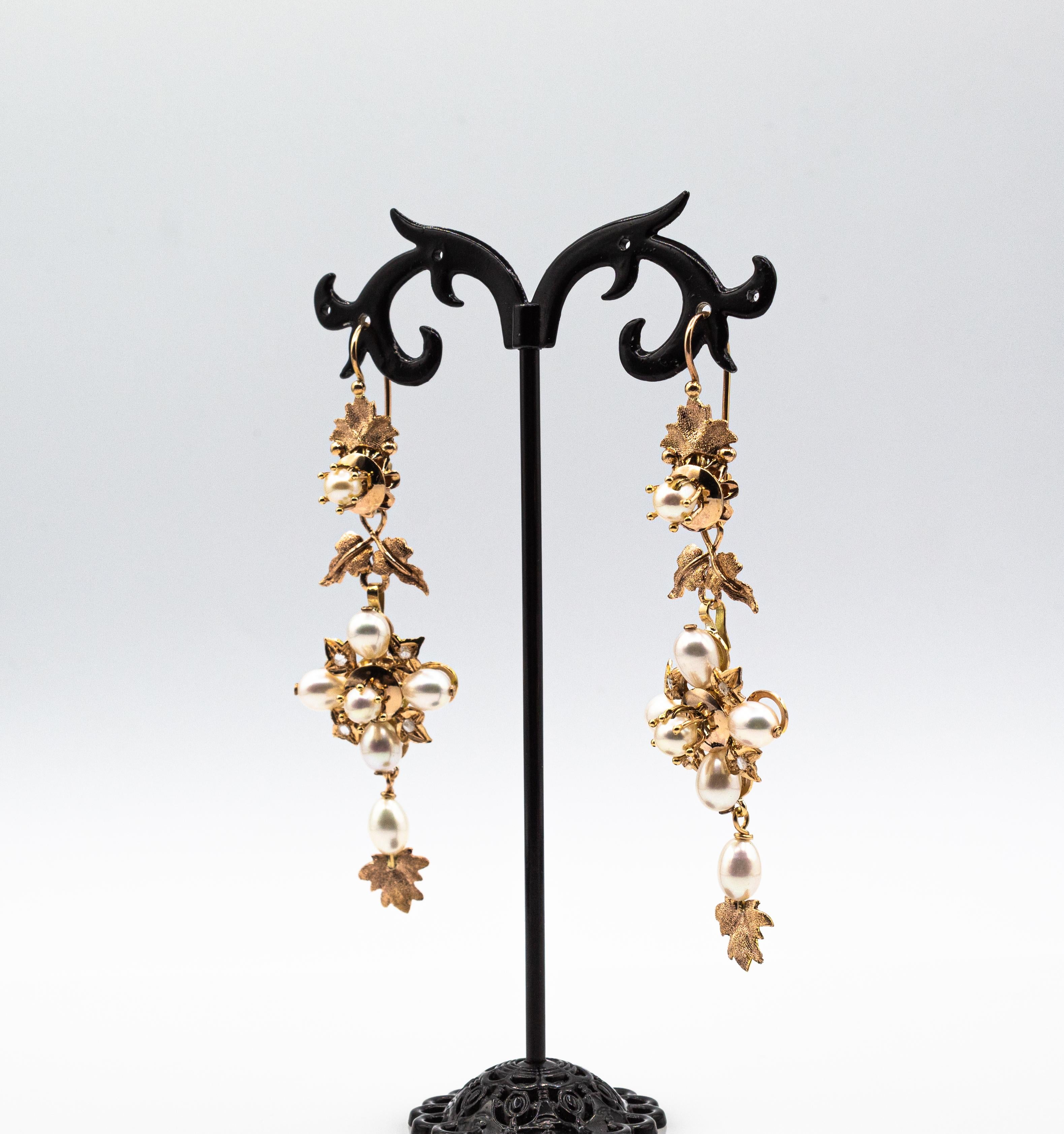 Art Nouveau Style White Rose Cut Diamond Pearl Yellow Gold Drop Earrings For Sale 2