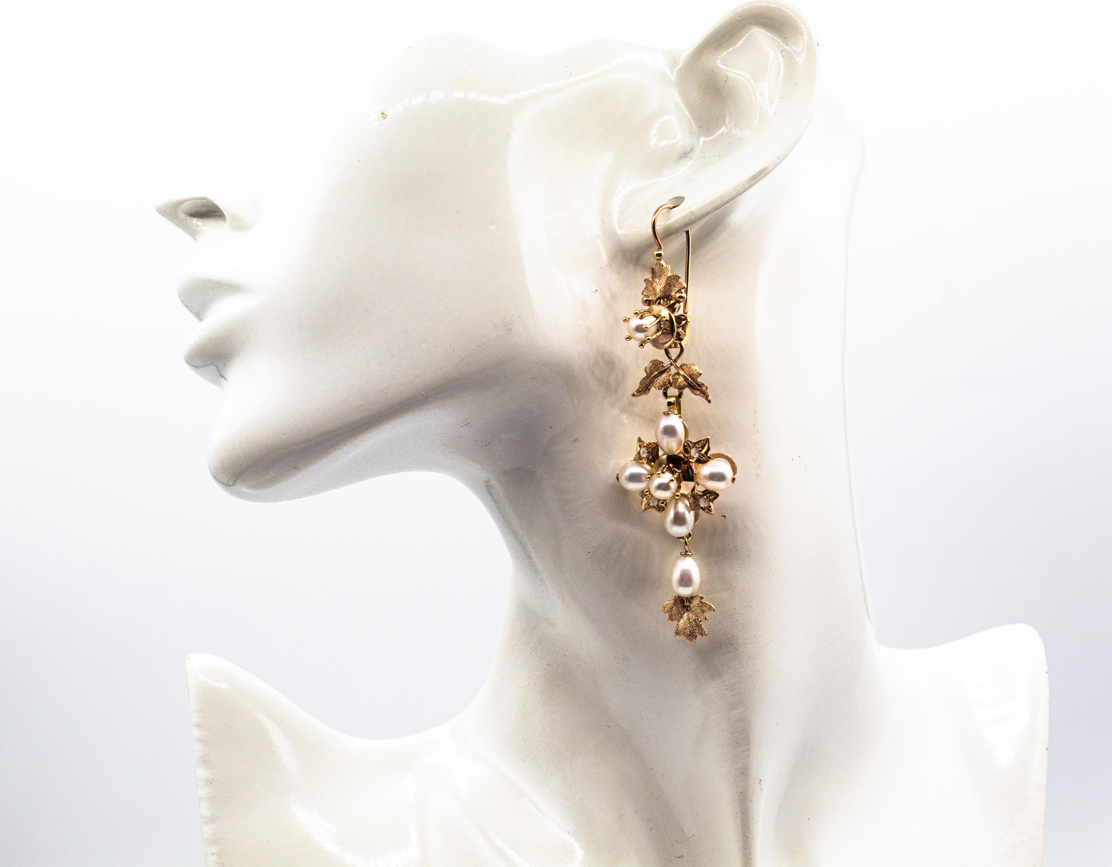 Art Nouveau Style Weißer Rosenschliff Diamant Perle Gelbgold Tropfenohrringe im Angebot 3