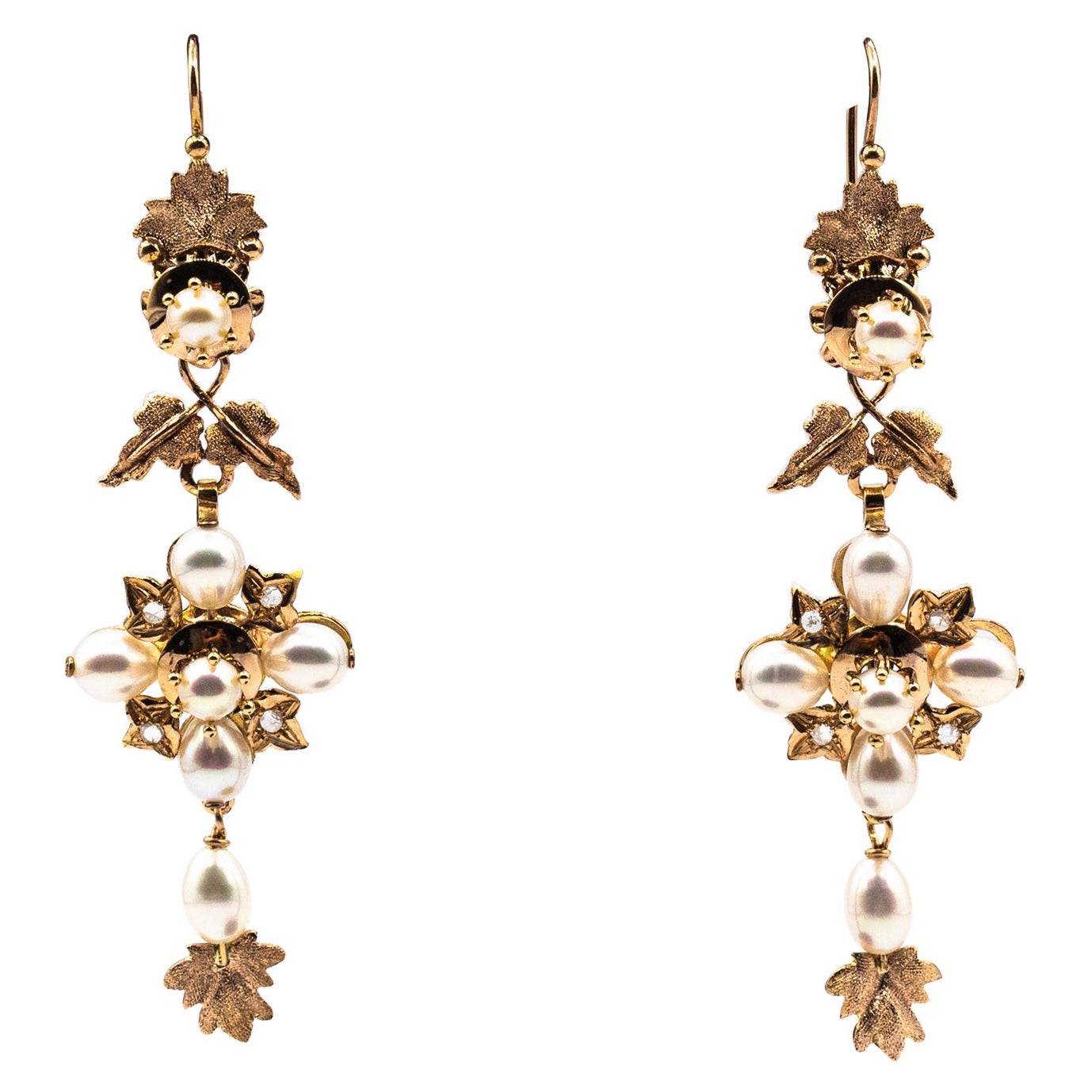 Orecchini a goccia in stile Art Nouveau in oro giallo con diamanti bianchi taglio rosa e perle