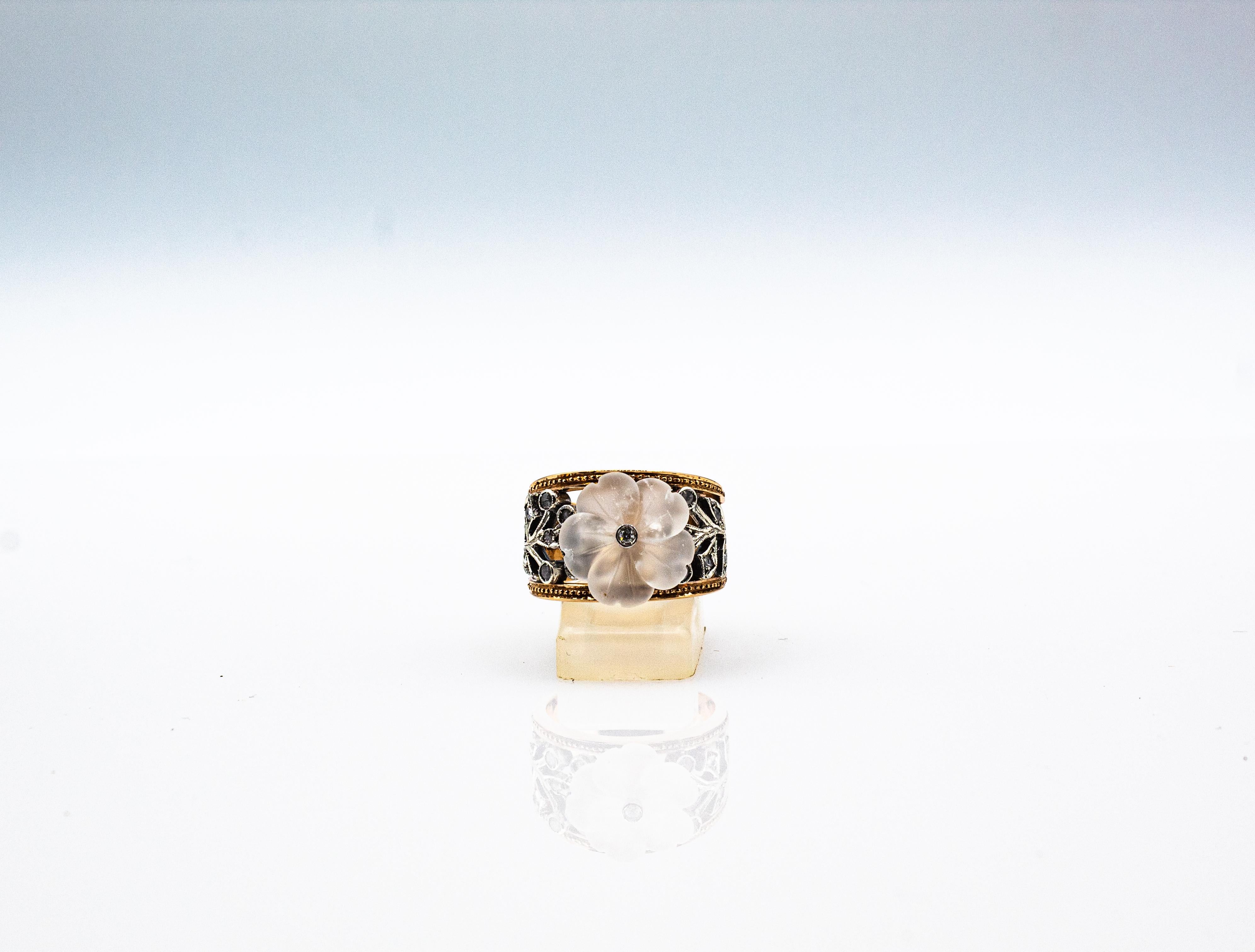 Art Nouveau Style White Rose Cut Diamond Rock Crystal Yellow Gold Cocktail Ring For Sale 6