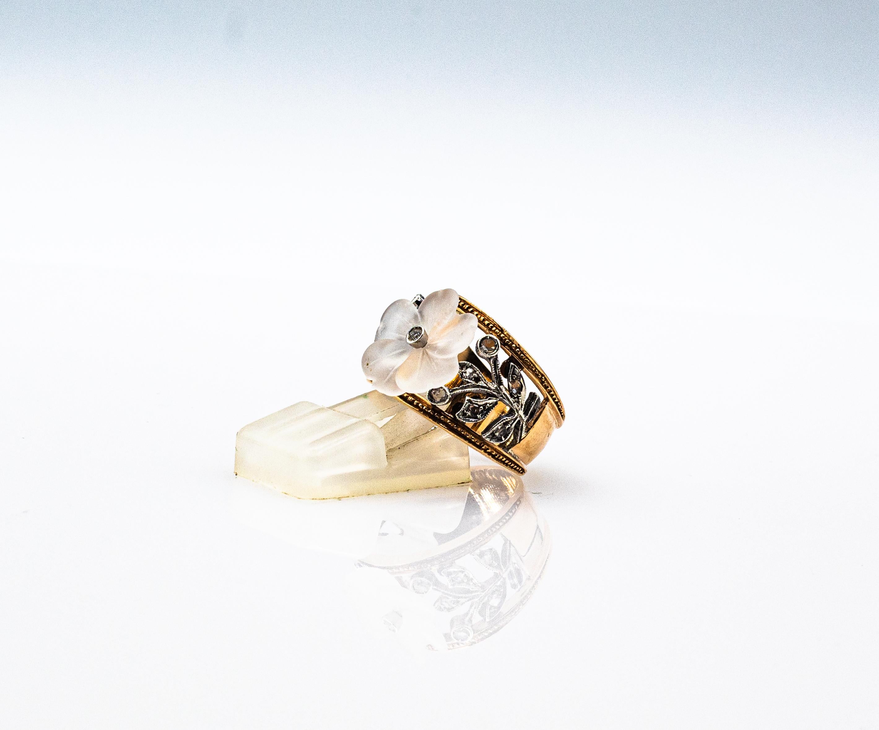 Art Nouveau Style White Rose Cut Diamond Rock Crystal Yellow Gold Cocktail Ring For Sale 7