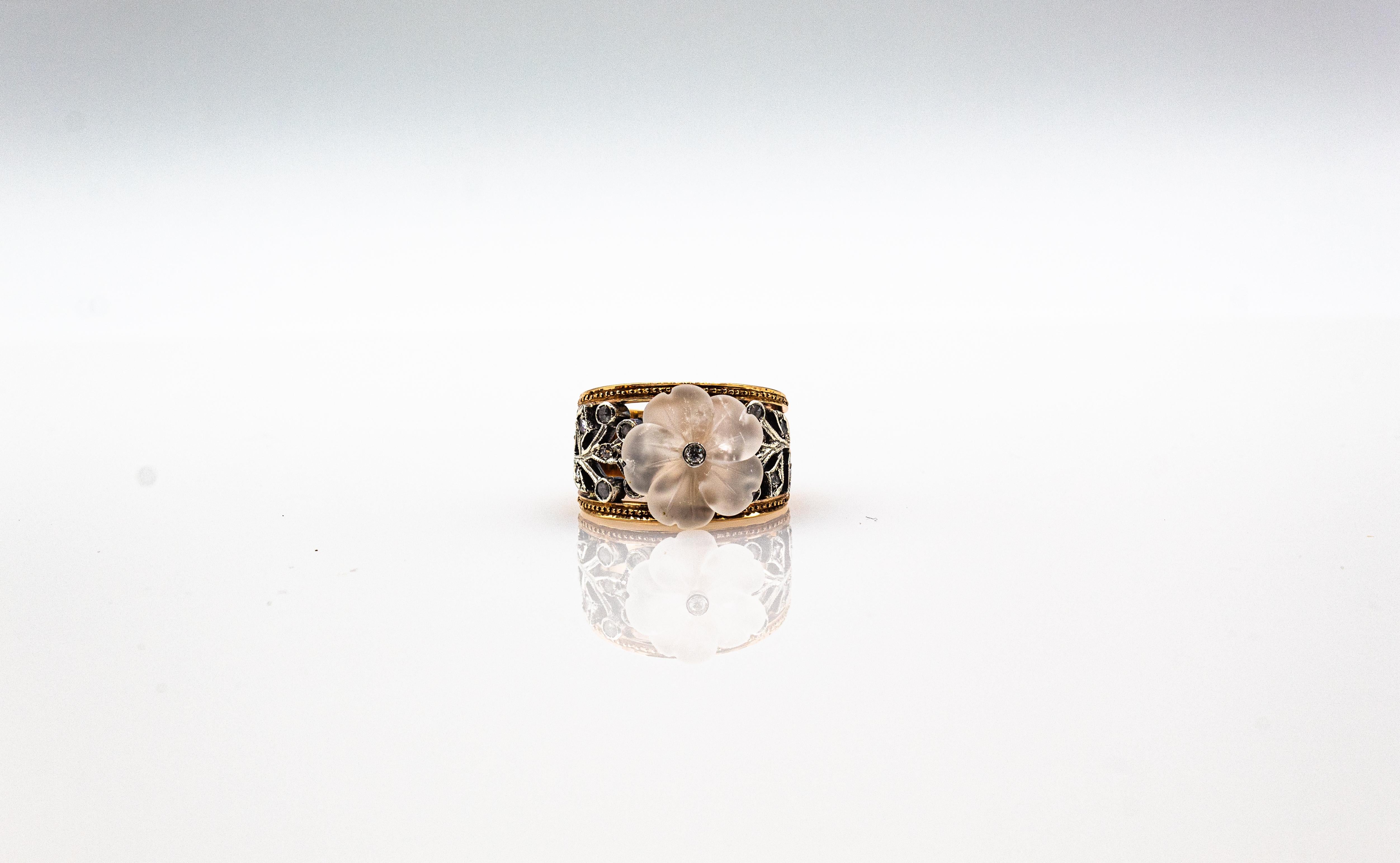 Art Nouveau Style White Rose Cut Diamond Rock Crystal Yellow Gold Cocktail Ring 8