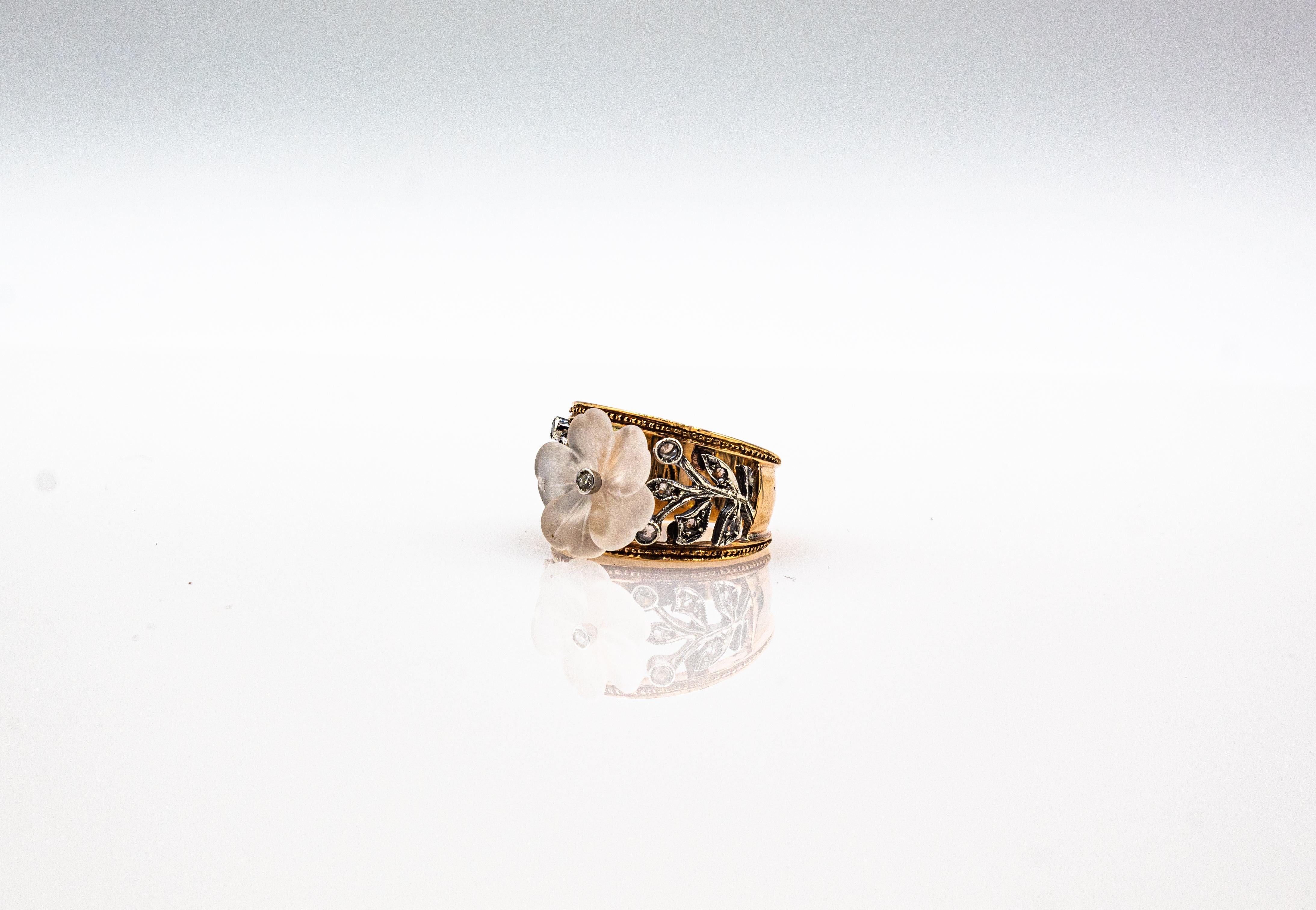 Art Nouveau Style White Rose Cut Diamond Rock Crystal Yellow Gold Cocktail Ring 9