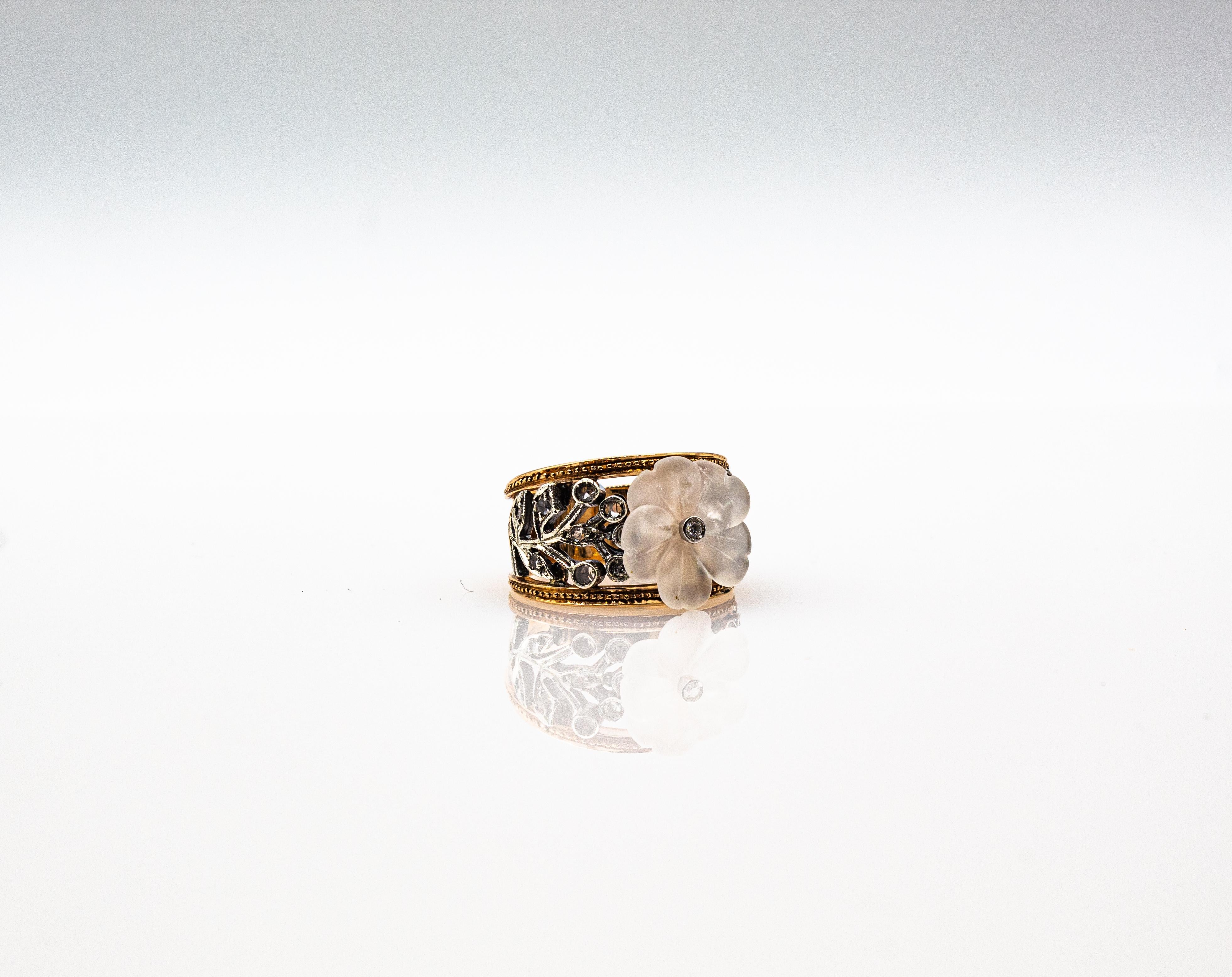 Art Nouveau Style White Rose Cut Diamond Rock Crystal Yellow Gold Cocktail Ring For Sale 12