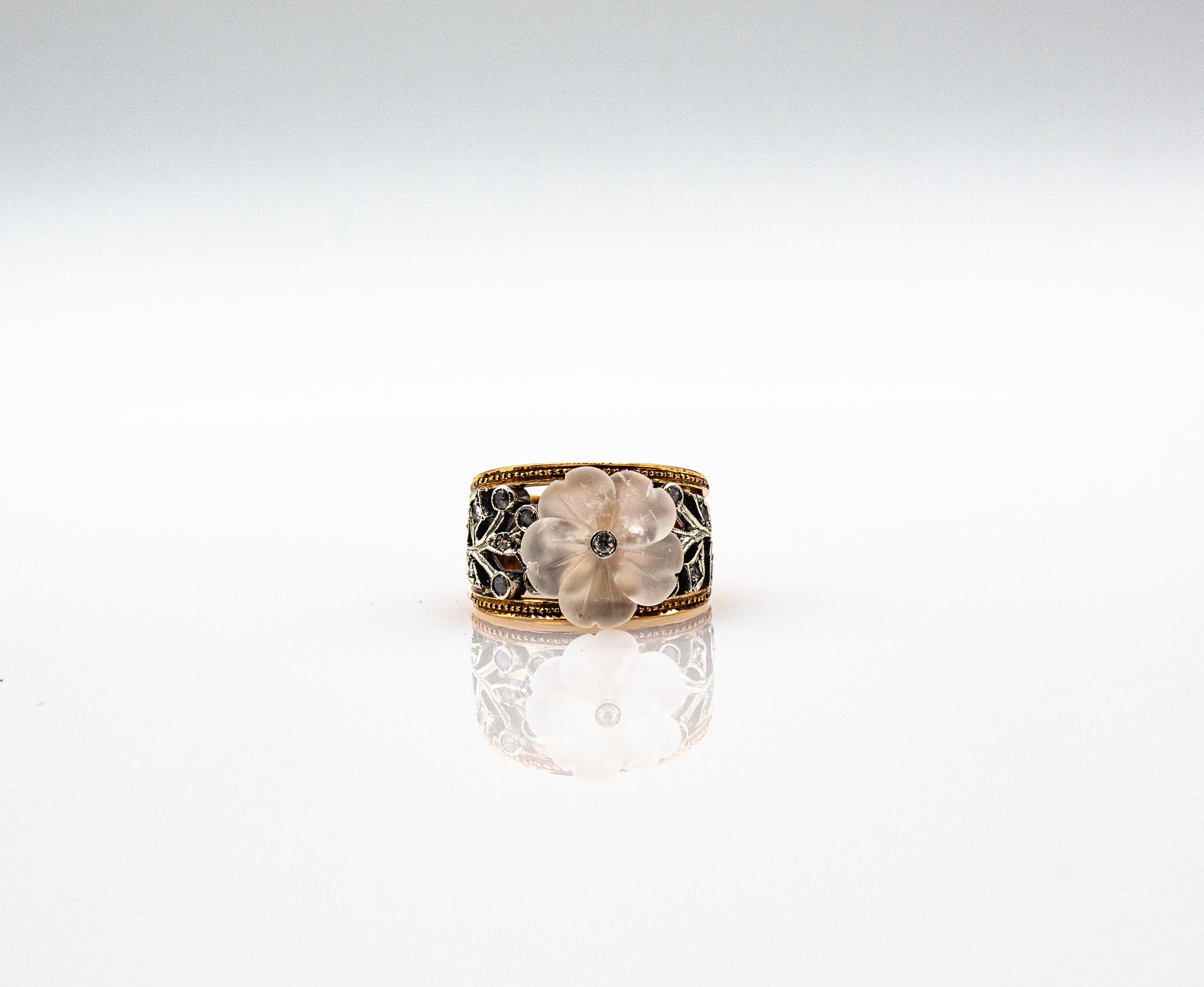 Art Nouveau Style White Rose Cut Diamond Rock Crystal Yellow Gold Cocktail Ring 13