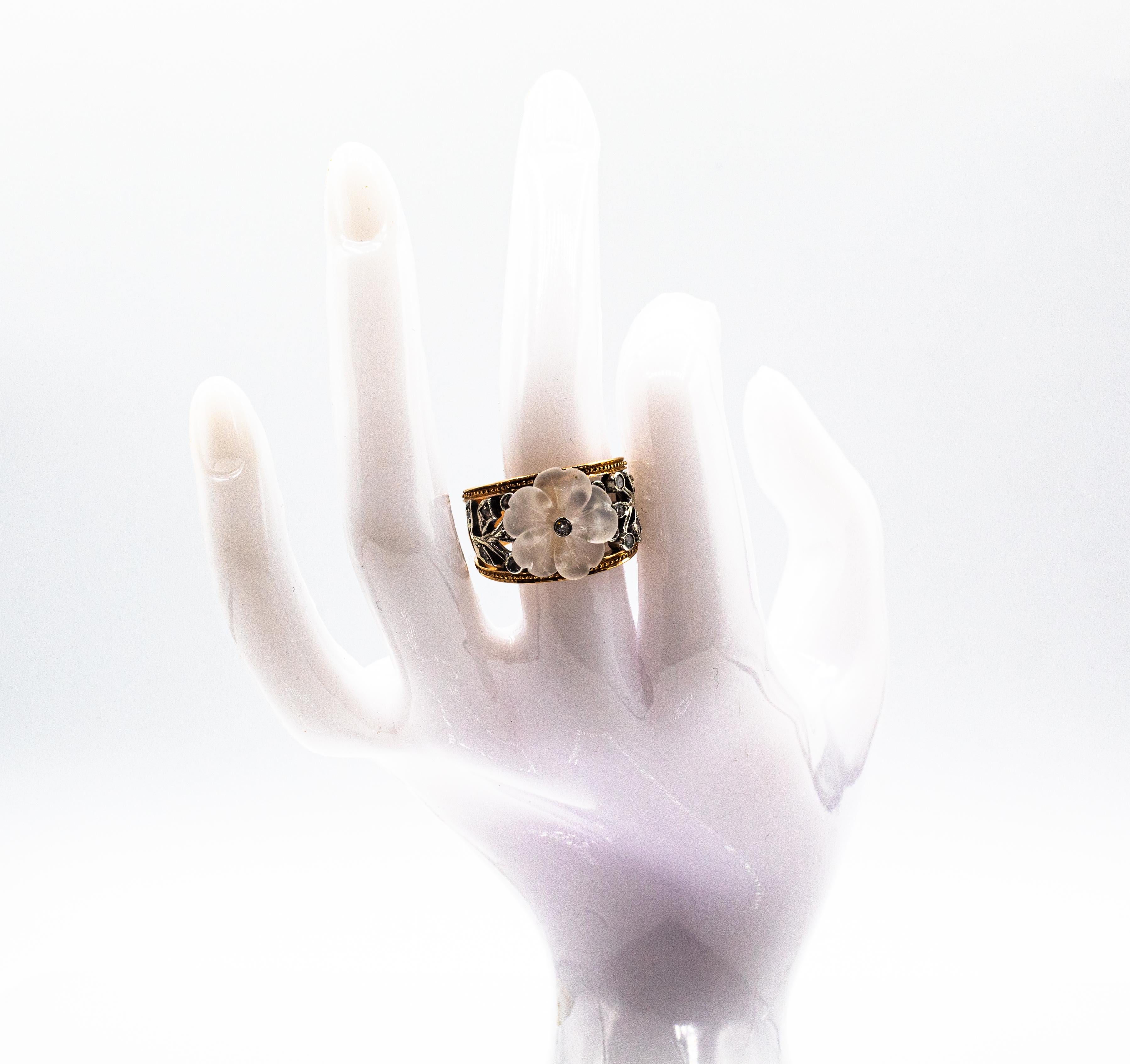 Art Nouveau Style White Rose Cut Diamond Rock Crystal Yellow Gold Cocktail Ring For Sale 14