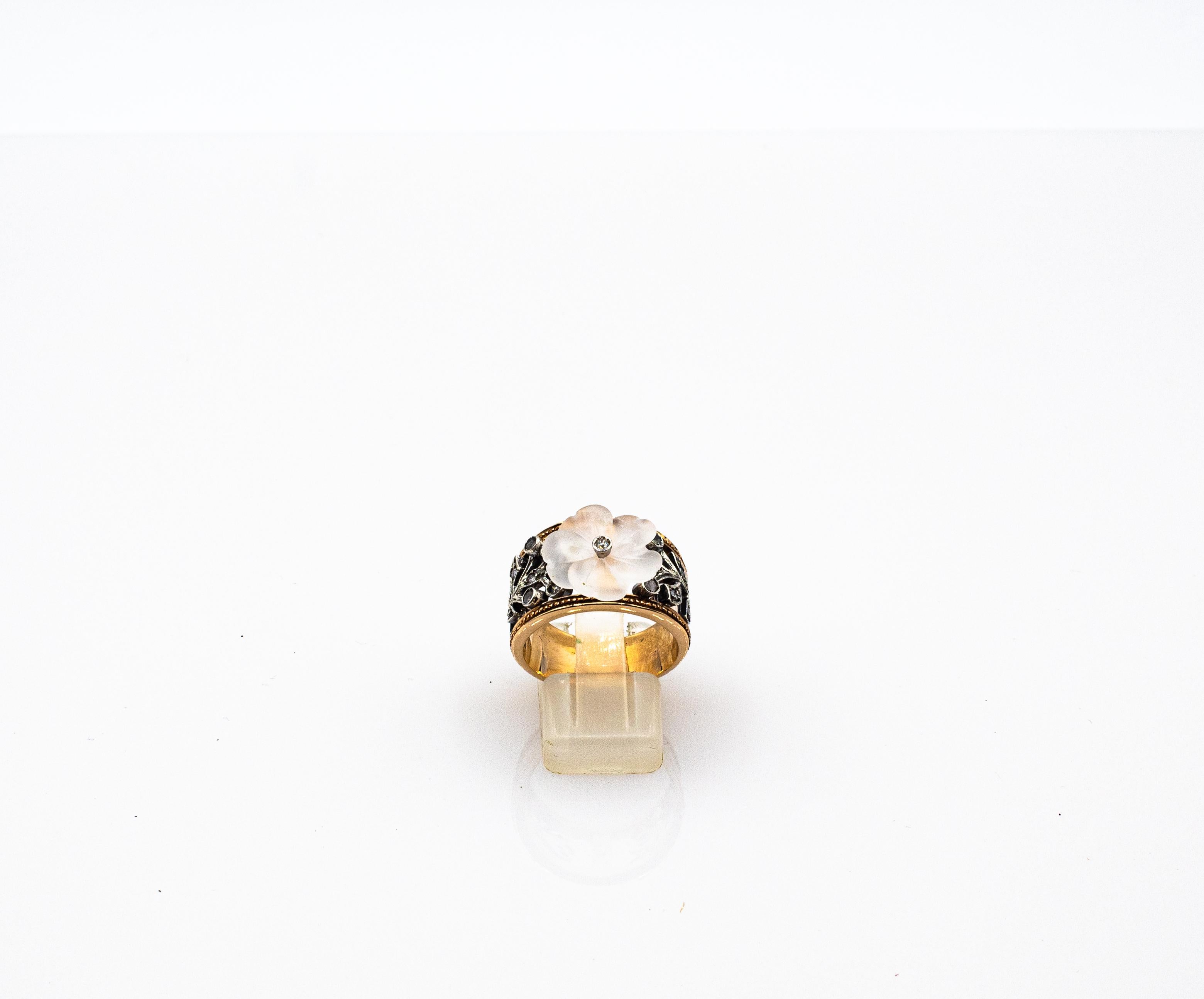 Art Nouveau Style White Rose Cut Diamond Rock Crystal Yellow Gold Cocktail Ring In New Condition For Sale In Naples, IT