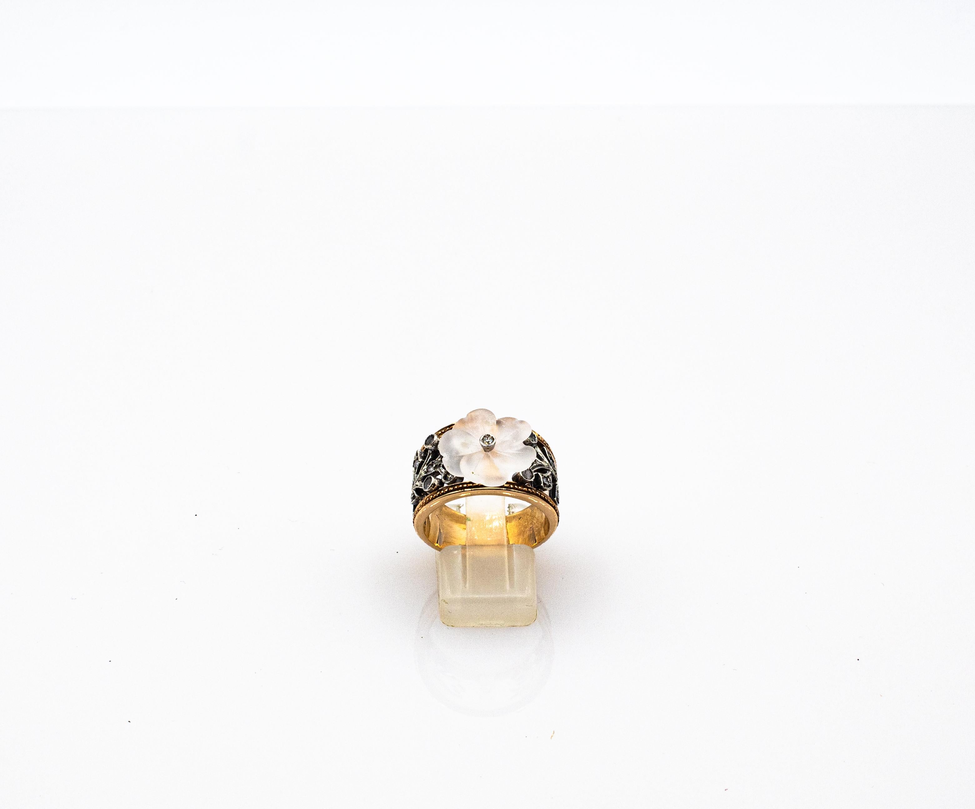 Art nouveau Bague de cocktail en or jaune, diamant blanc taillé en rose et cristal de roche, style Art Nouveau en vente