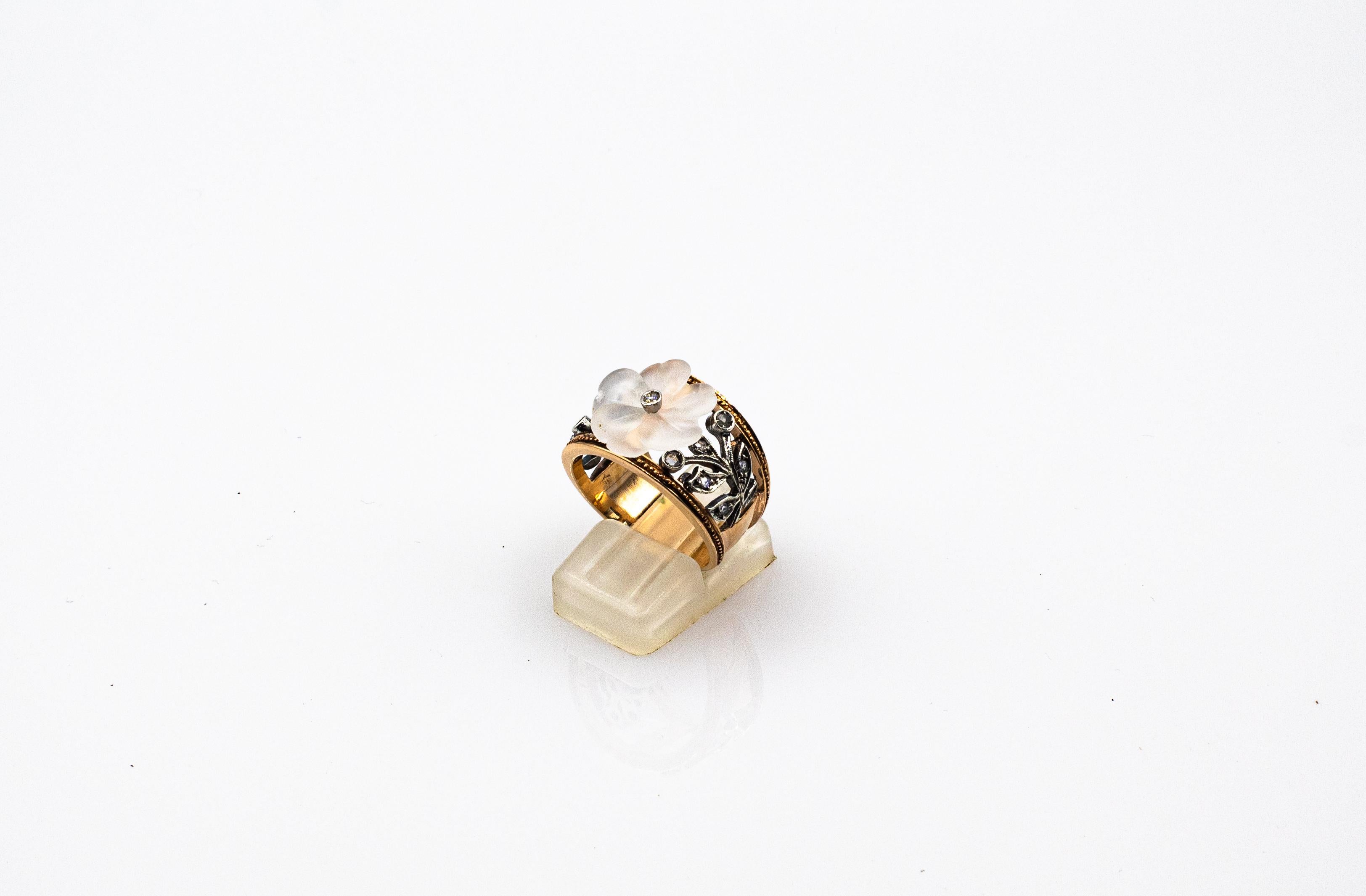 Women's or Men's Art Nouveau Style White Rose Cut Diamond Rock Crystal Yellow Gold Cocktail Ring